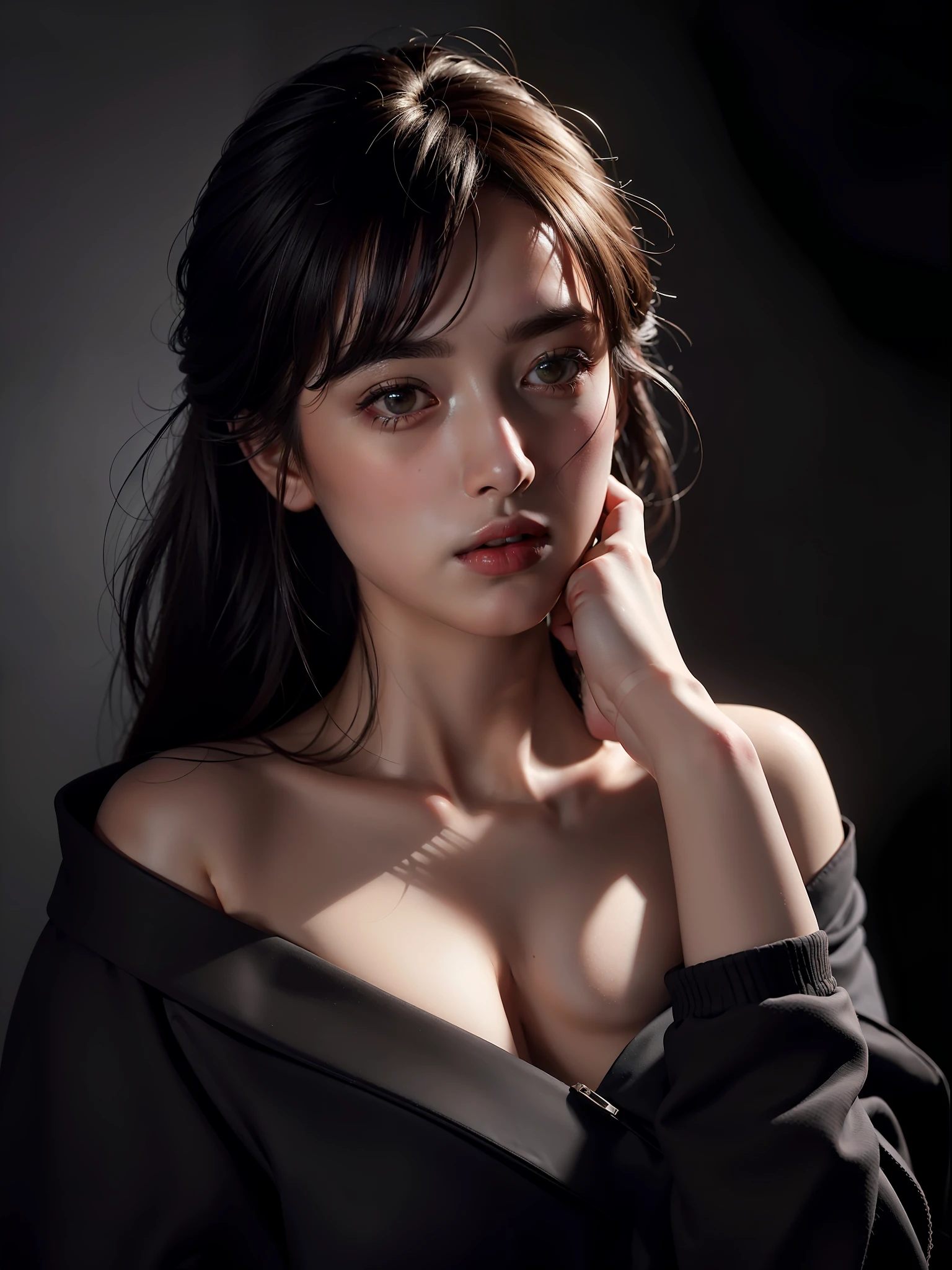 Best quality, masterpiece, ultra high res, (photorealistic:1.4), raw photo, 1girl, offshoulder, in the dark, deep shadow, low key, cold light