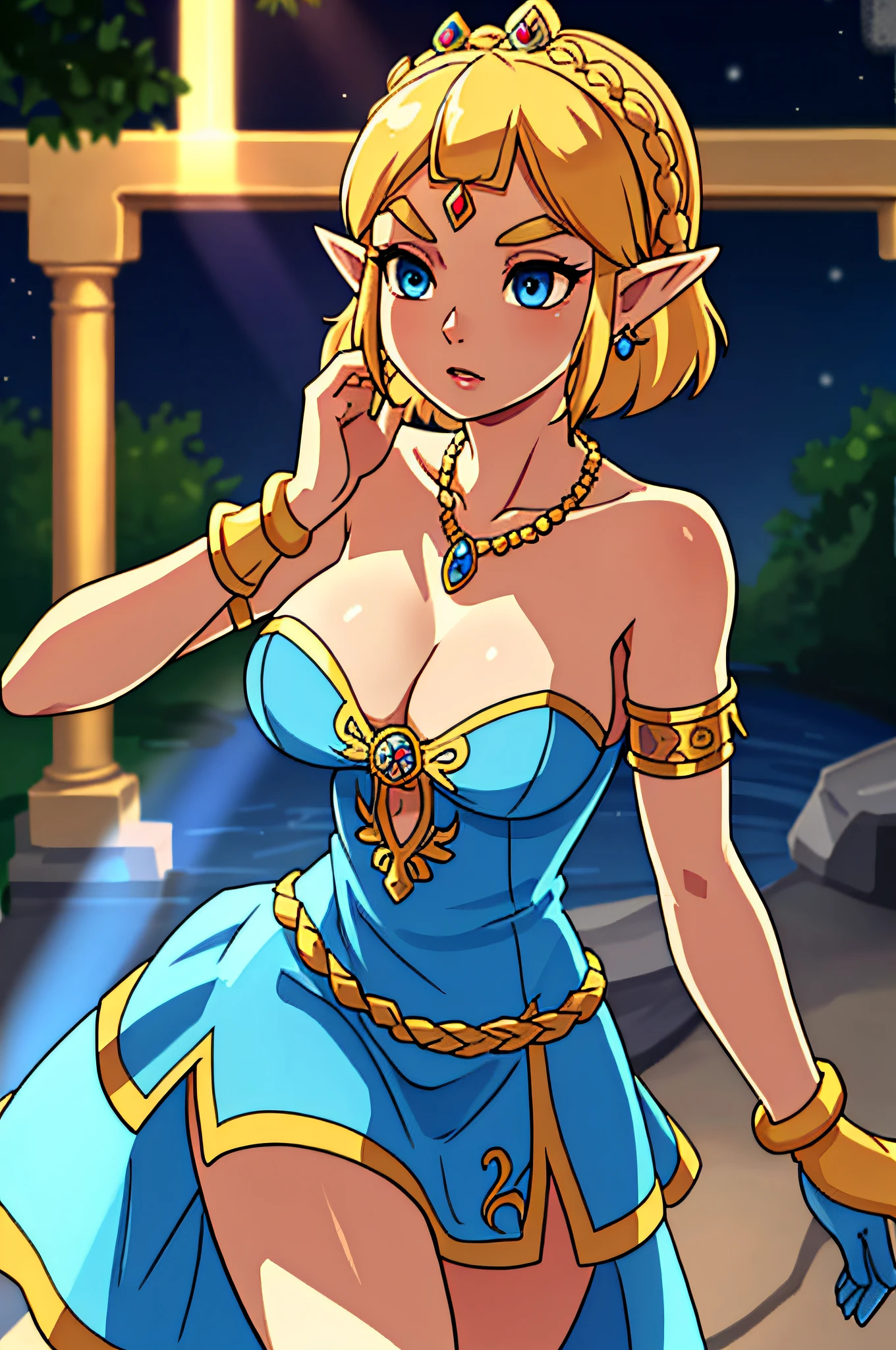 ZeldaTOTK, princess zelda, 1girl, nude, jewelry, pointy ears, blonde hair, crown braid, short hair, triforce, solo, earrings, braid, wearing see-through grey hoop skirt outfit, necklace, bracelet, gloves, blue eyes, armlet, thick eyebrows, hair ornament, lavish violent waves aura with fall background, subsurface scattering, ray traced, depth of field, bokeh, god rays, vivid colors, cinematic hard lighting, realistic shadows, detailed textures, big breasts, cleavage