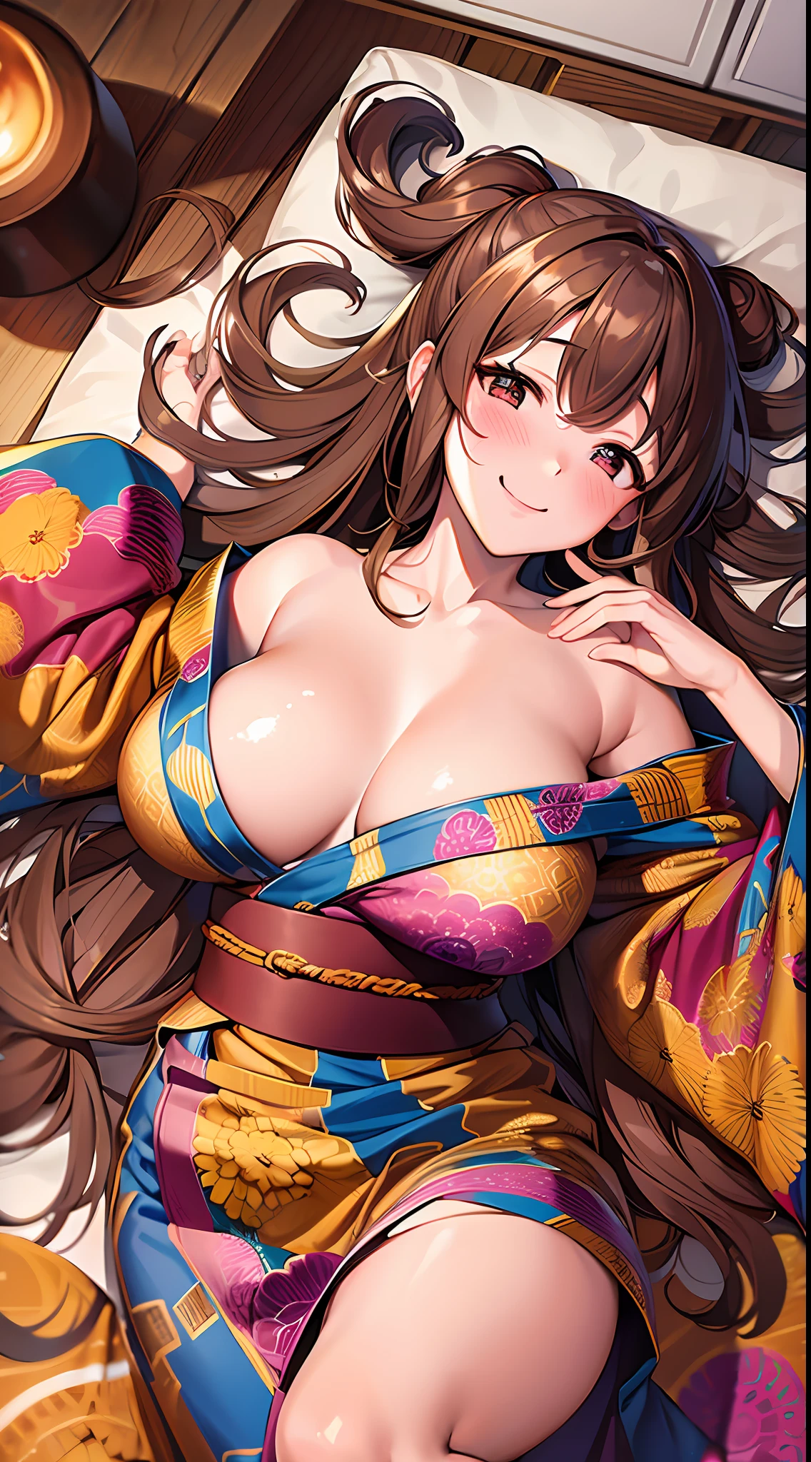 1girl, masterpiece, best quality, medium full shot, brown long hair, off shoulder yukata, large breasts, busty, smiling, (blushing:1.2), lying on bed, sexy body, (from above view:1.3)