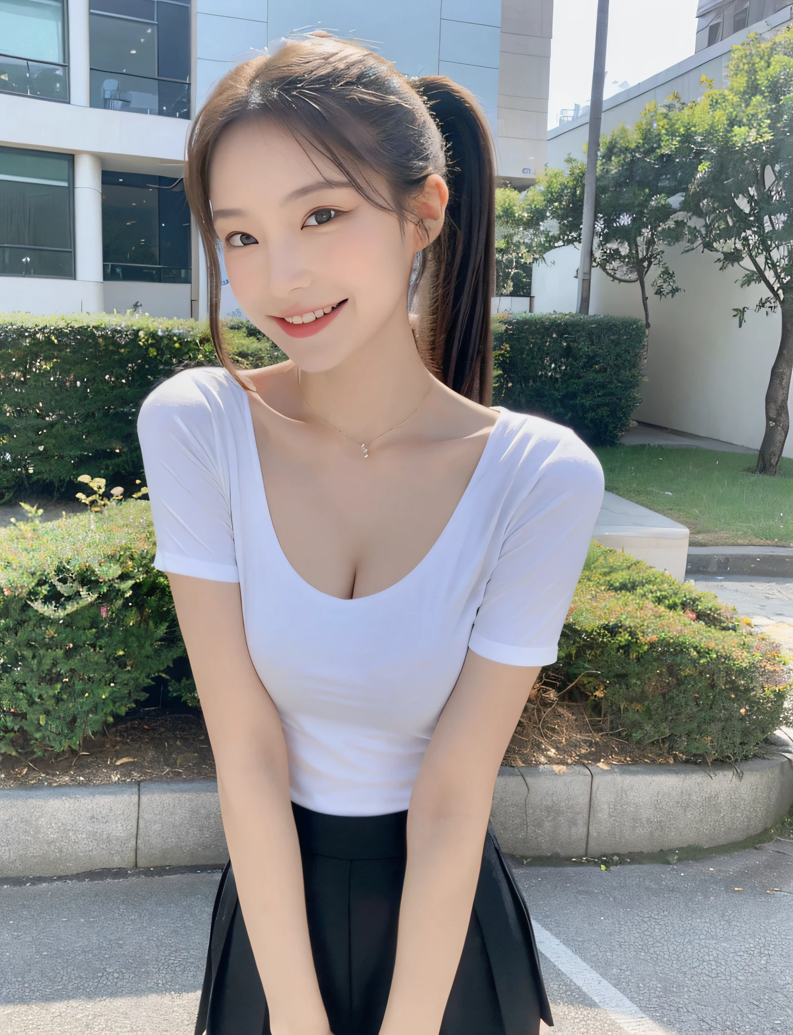 ((Best Quality, 8K, Masterpiece:1.3)), Focus: 1.2, Perfect Body Beauty: 1.4, Buttocks: 1.2, ((High Ponytail, Collarbone: 1.2)), (Short Skirt: 1.1) , (Rain, Street:1.3), Highly detailed face and skin texture, Fine eyes, Double eyelids, Whitened skin, Long hair, smile, Beautiful legs: 1.5, Full body: 1.5, Best proportions of four fingers and one thumb, Smiley face, Face texture: 1.3, Sunshine, Summer, collarbone, beautiful eyes, real face, real skin, realistic face, realistic skin, tight, t-shirt, summer dress random, no chest, background football field: 1.5, a girl,