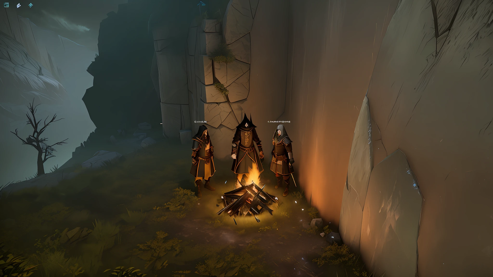 (cinematic, unreal engine, dark fantasy) Three warriors standing in front of a campfire on a grassy field. (stone mountain wall on right of image) amidst a forest., explorers of the ruins at dusk, cultists watching, night time raid, mmorpg scene, adventuring party, dark tomb setting,