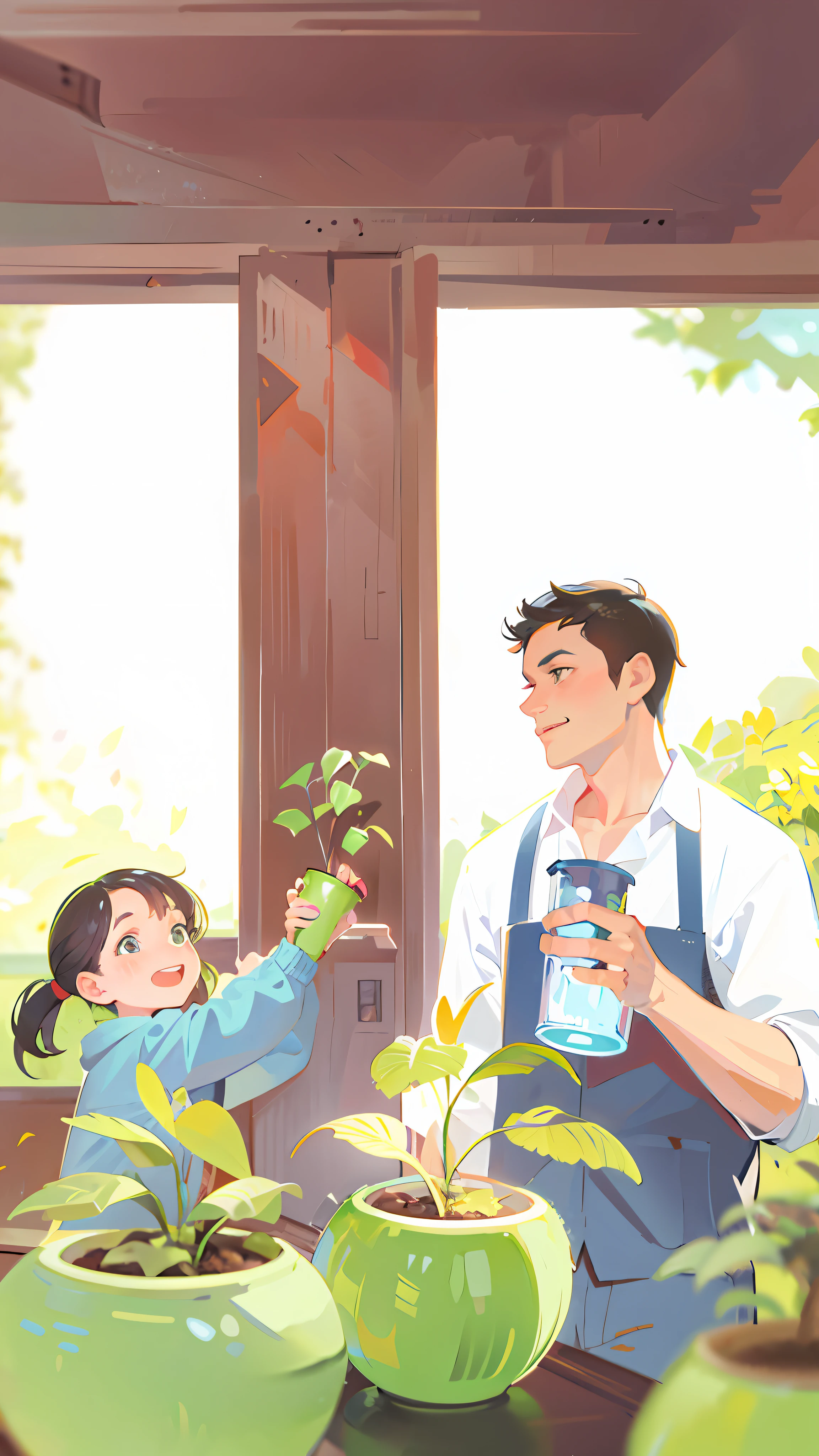 There is a man and a little girl watering plants, in front of a desk full of books, the angry girl on the left holds a plant, the man on the right holds a watering can, squirting a rainbow children's book illustration, children's book illustration, children's book illustration, commercial illustration, children's book illustration, flat illustration, detailed 2D illustration, 2D illustration, children's book illustration, children's book illustration, illustration, children's illustration, professional illustration --auto --s2