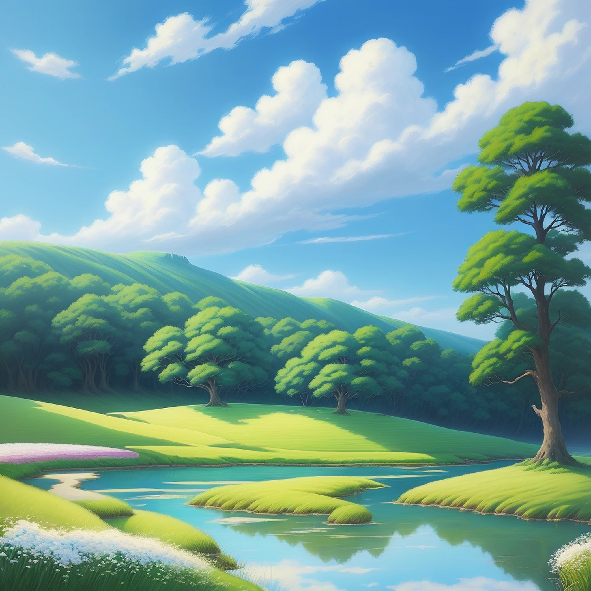 Realistic, authentic, beautiful and amazing landscape oil painting Studio Ghibli Hayao Miyazaki&#39;s petal grassland with blue sky and white clouds