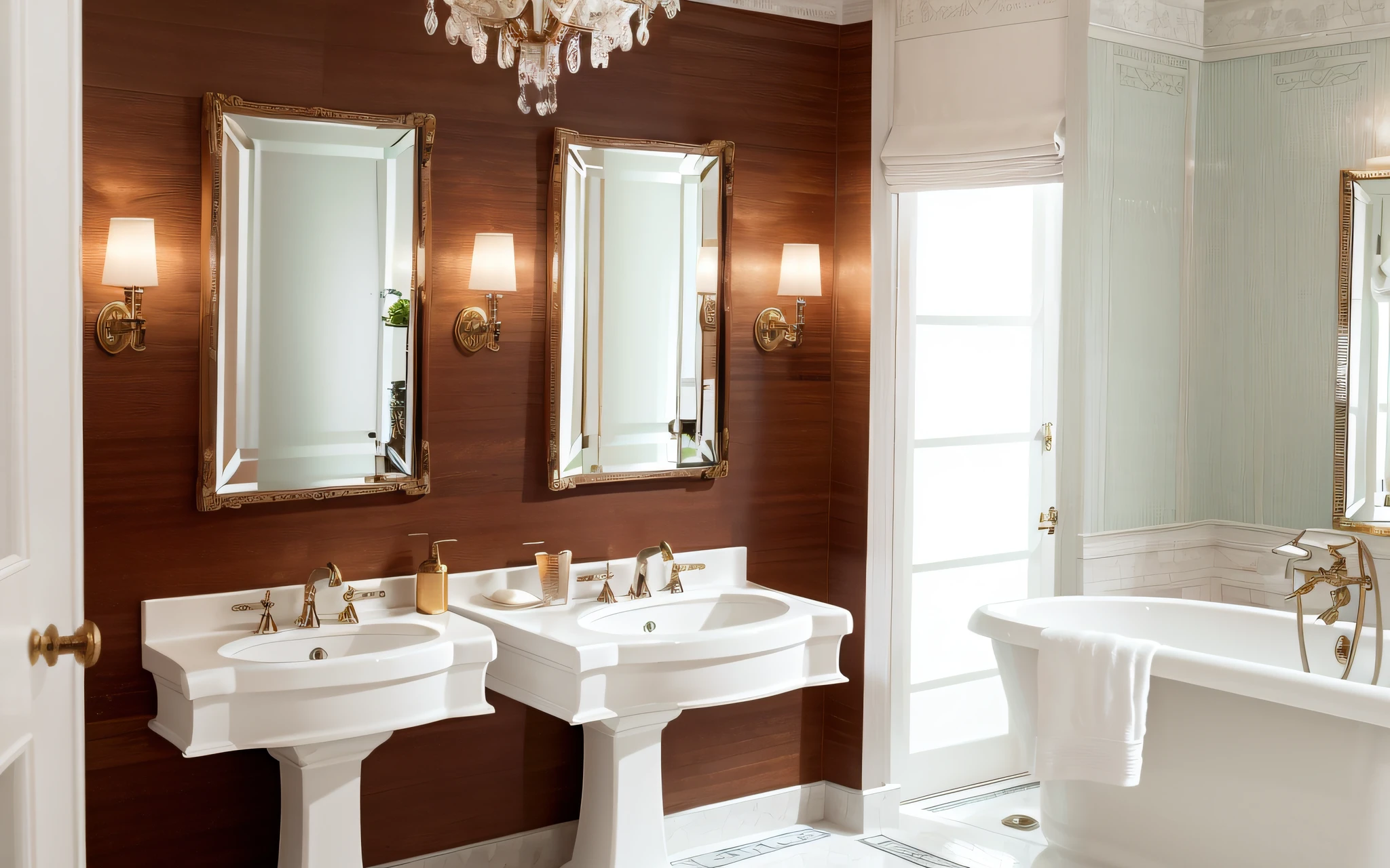 European style bathroom, sink and one mirror above the wall with two mirrors, magnificent design, glossy surface, elegant and refined, exquisite details, stylish design, simple and elegant design, EORA, exquisite details, inspiration, with mirror, high resolution