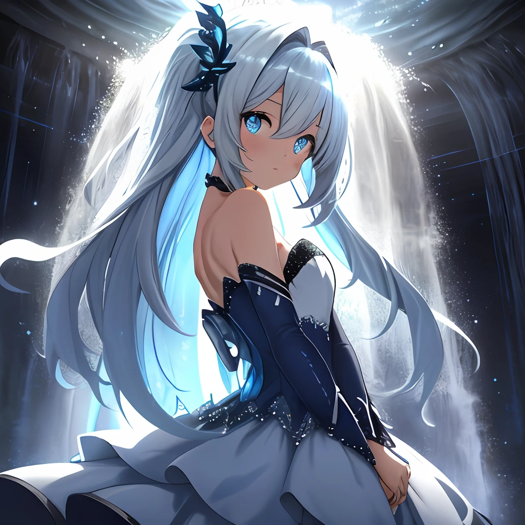 {Blue Curacao Personification} {1 girl} {3D HDTV Background} {Mystical Moonlight in the Night Sky} {Waterfall} {Splash} {Cobalt Blue Eyes} {{Light Blue Cutie Long Hair}} {White Blue Clothes} {Super High Quality} {Super Awesome} {Backlit lights emit dazzling light} {Classic Princess Ball Gown Beads Satin Lace Strapless Half Skirt} { Night SceneMoonlightTwinkling meteor showerTwinkle shooting star light orb} {Detailed expression of fingers} {Symmetrical pupil finish Clearly depict small white light reflections in the pupils, which adds depth to the pupils}{upper body only} {hands back} {arms back} {adult women}
