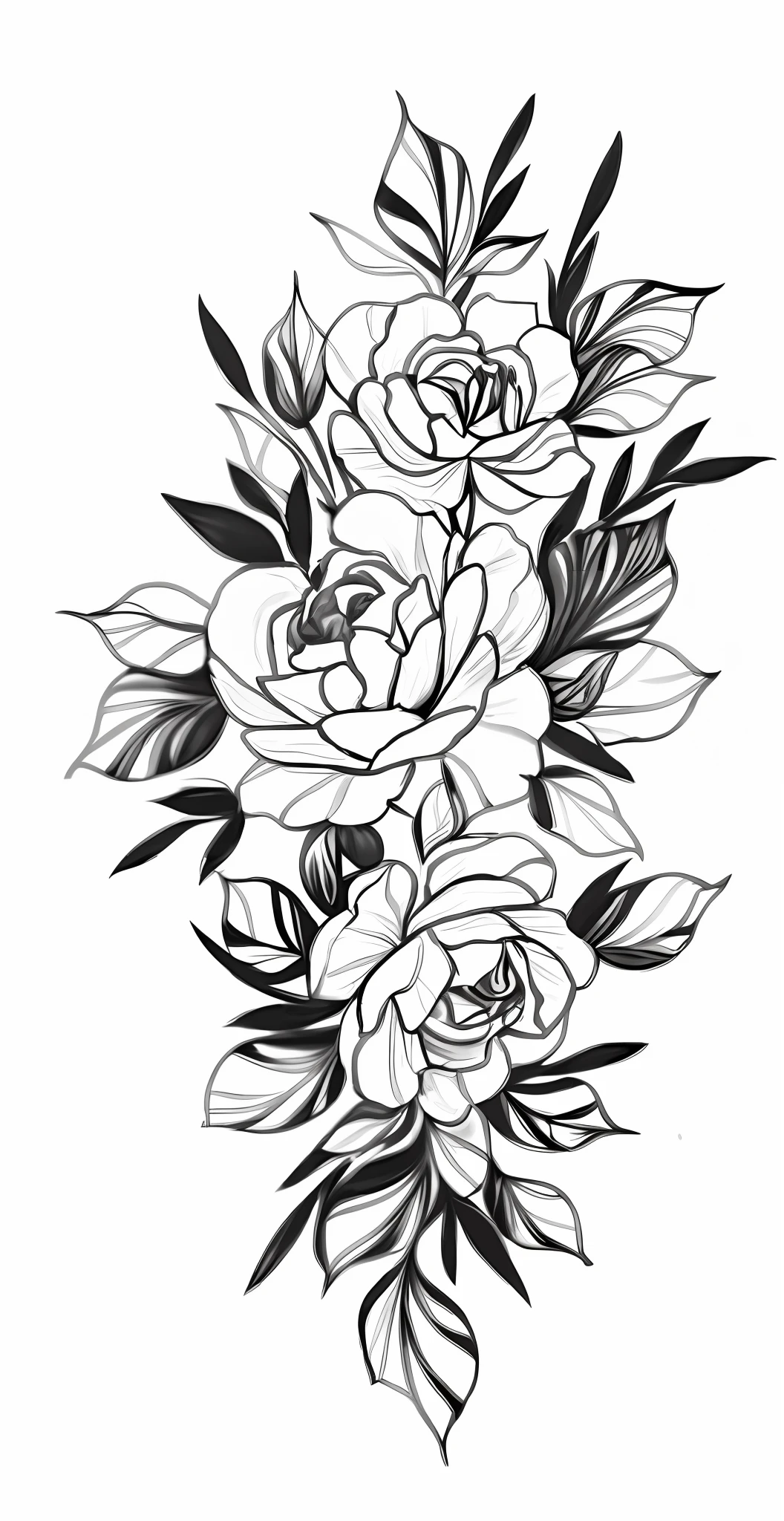 a drawing of a bunch of flowers on a white background, detailed flowers, flowers with intricate detail, black and white tattoo, down left arm and back, floral tattoos, temporary tattoo, medium sized tattoo sketch, line drawing tattoos, black and white color only, tattoo design, realism tattoo drawing, rose tattoo, higly detailed black ink outline, black and white detailed sketch