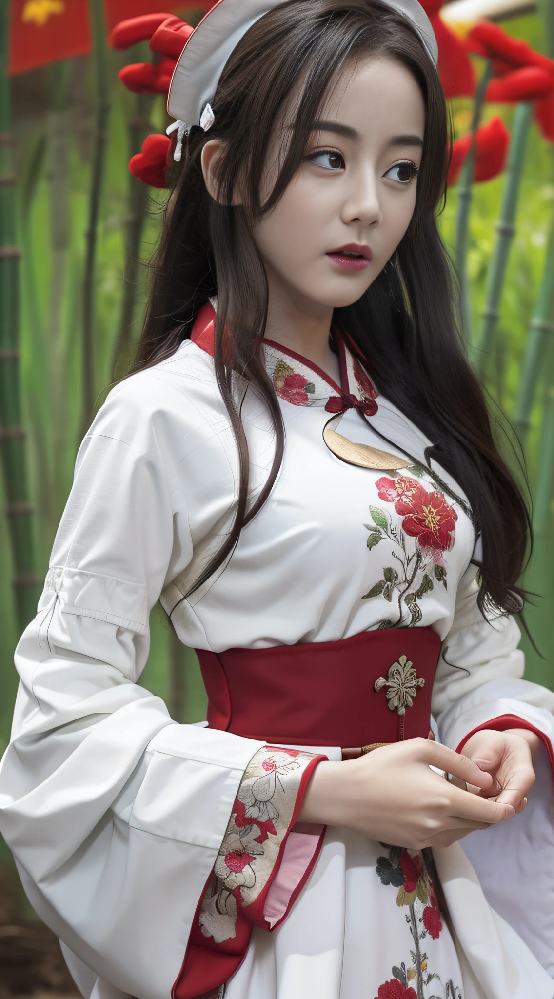 Best quality, masterpiece, realistic photos, intricate details, original photos, dressed in Chinese white Hanfu, embroidery, flowers, chivalrous woman, background in bamboo forest, facial features HD, skin feeling, robes