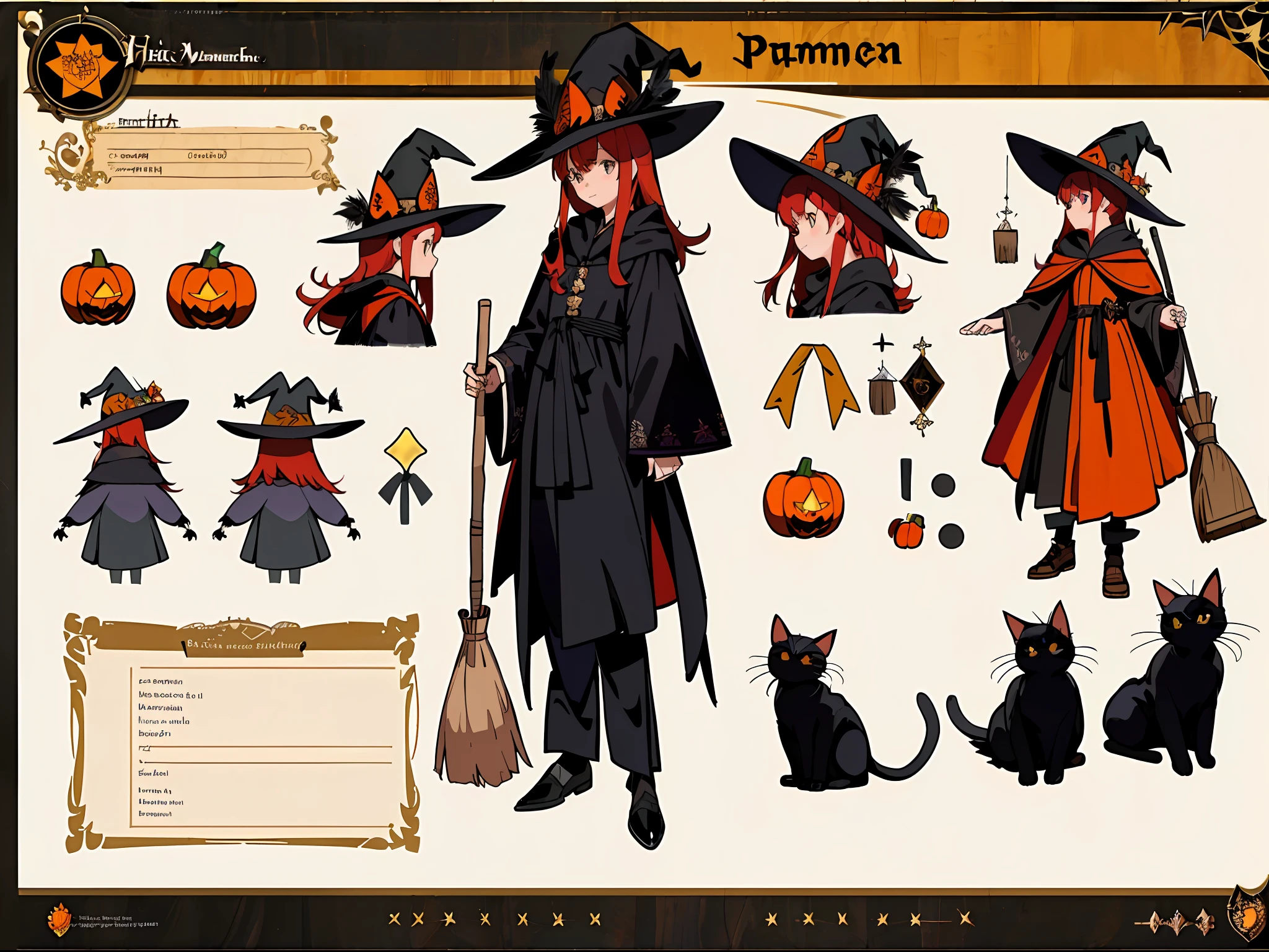 (Masterpiece, best quality) detailed, character sheet, character sheet, many items (same person witch hat, broom, pumpkin, black cat, magic book, robes, black feathers, decorations, many parts), witch, red hair, magic, full of details, many parts