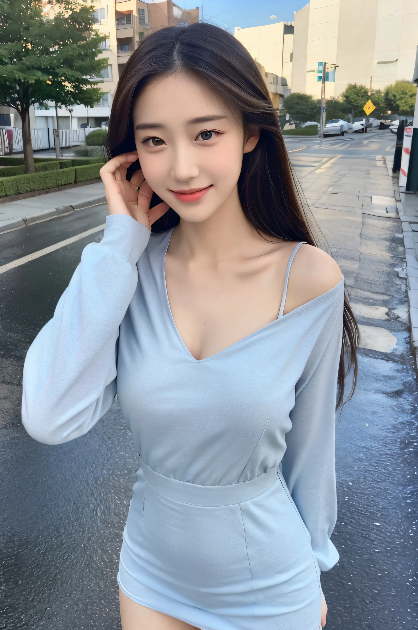 ((Best Quality, 8K, Masterpiece:1.3)), Focus: 1.2, Perfect Body Beauty: 1.4, Buttocks: 1.2, ((Hairstyle Random, Collarbone: 1.2)), (Short Skirt: 1.1) , (Rain, Street:1.3), Highly detailed face and skin texture, Fine eyes, Double eyelids, Whitened skin, Long hair, smile, Long legs: 1.5, Full body: 1.5, Best proportions of four fingers and one thumb, Smiley face, Face texture: 1.3, Sunshine, Summer, collarbone, beautiful eyes, real face, real skin, realistic face, realistic skin, detailed eyes, detailed facial features, detailed clothing features, detailed face, tight, tight fit, girly dress random, background plane: 1.5, upper body without showing chest