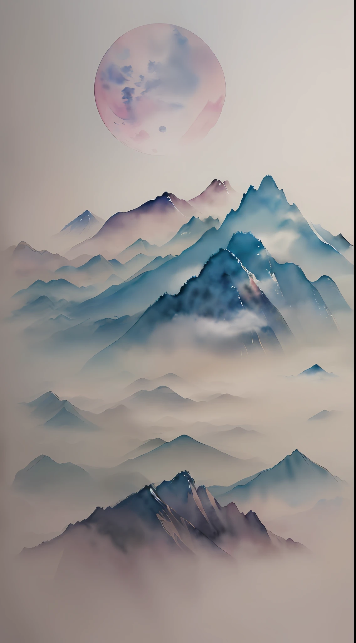 (Watercolor style, spectral art) + (Vista, the moon rising from the Tianshan Mountains shining on the sea of clouds and Guanshan Mountain, close-up, an open and magnificent scenery of the side plugs). (Rich and gorgeous colors in the distance) + (Smudge splash) + (Clear light and shadow swaying dynamics)