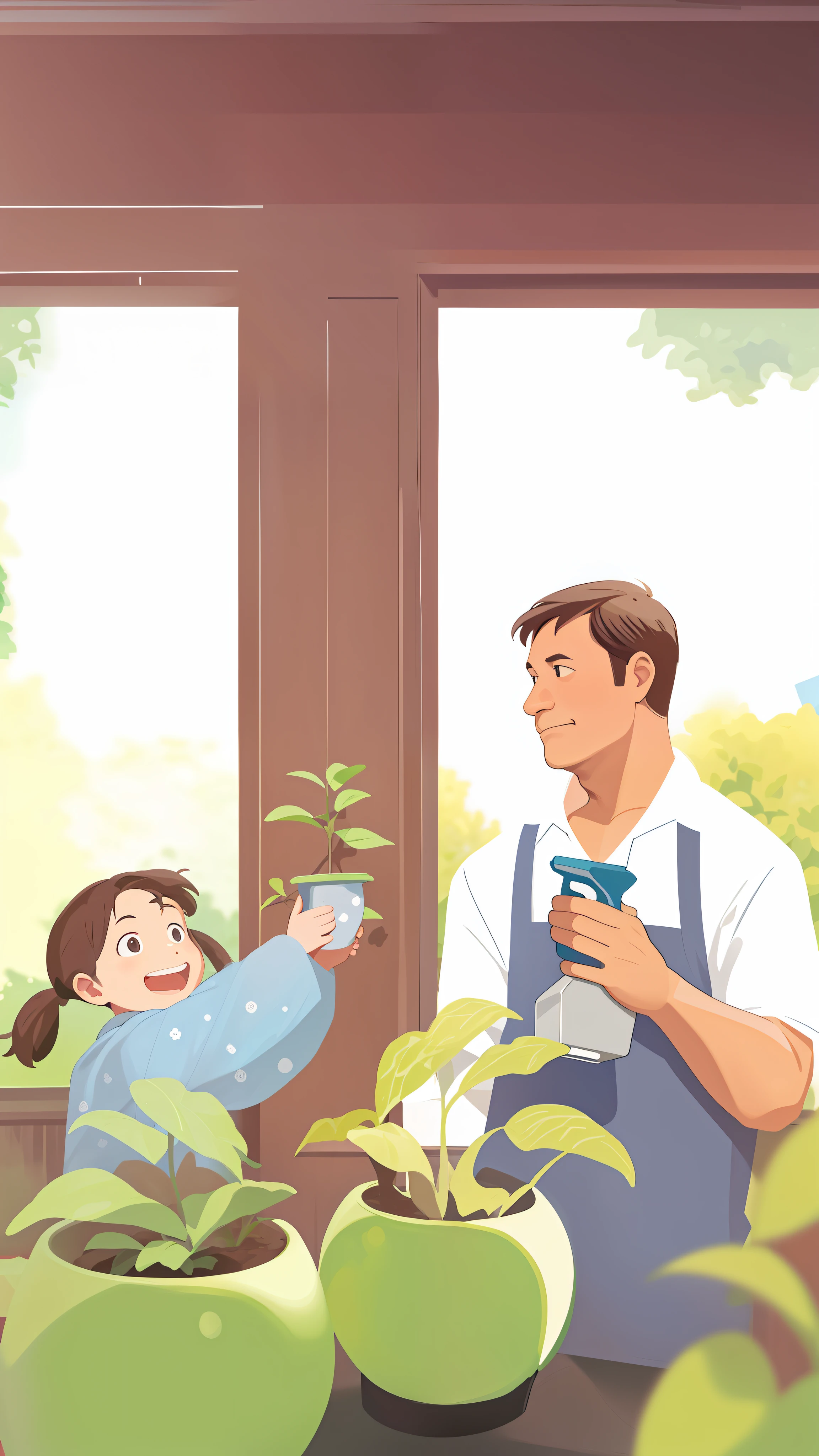 There is a middle-aged man and a girl watering plants, children's book illustration, children's book illustration, children's book illustration, commercial illustration, children's book illustration, flat illustration, detailed 2D illustration, 2D illustration, 2D illustration, children's book illustration, children's book illustration, illustration, children's illustration, professional illustration --auto --s2