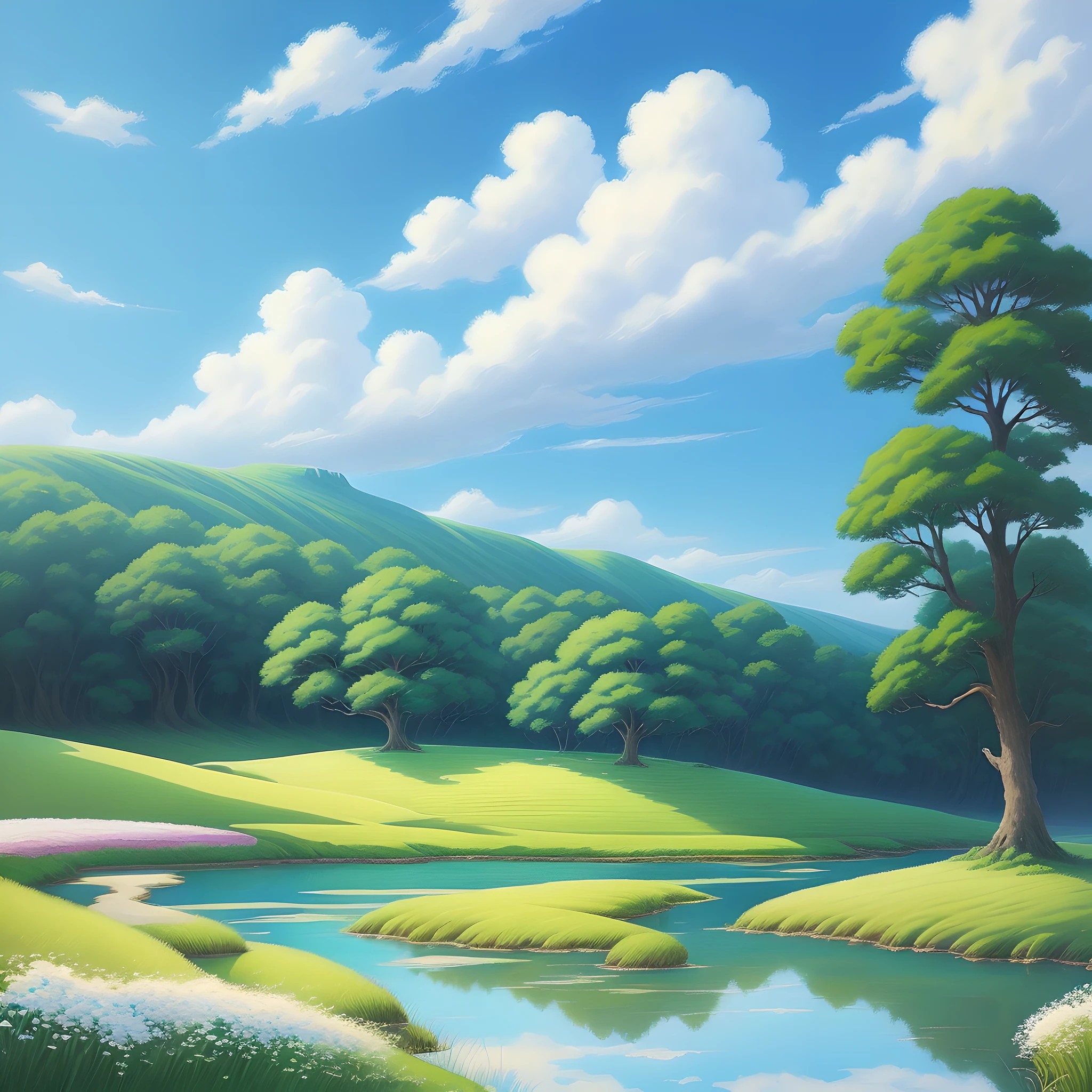 Realistic, authentic, beautiful and amazing landscape oil painting Studio Ghibli Hayao Miyazaki's petal grassland with blue sky and white clouds