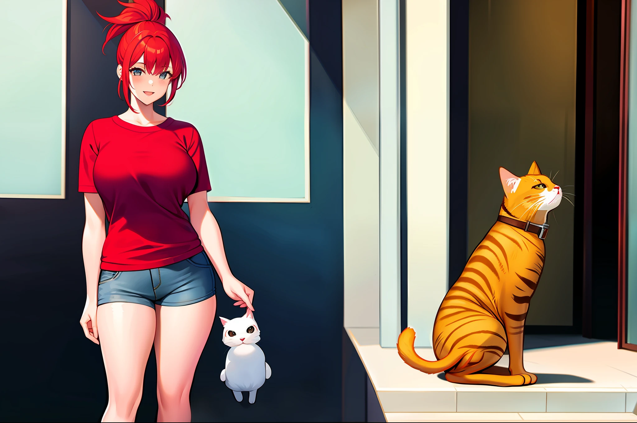 Girl with red hair ponytail tall medium sized breasts thick legs casual outfit full body holding cat