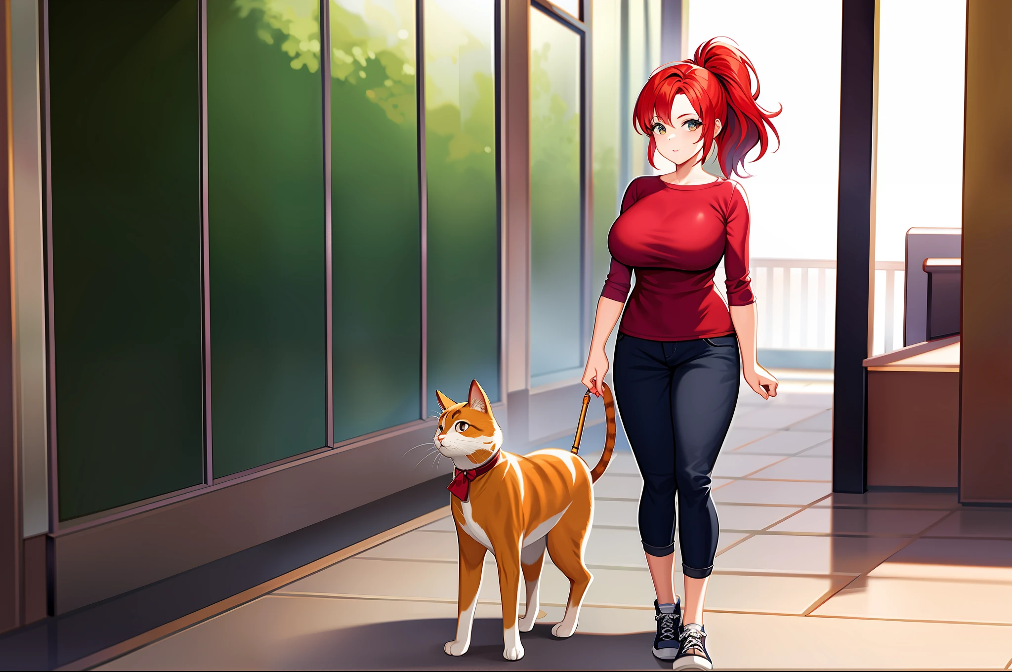 Girl with red hair ponytail tall medium sized breasts thick legs casual outfit full body holding cat