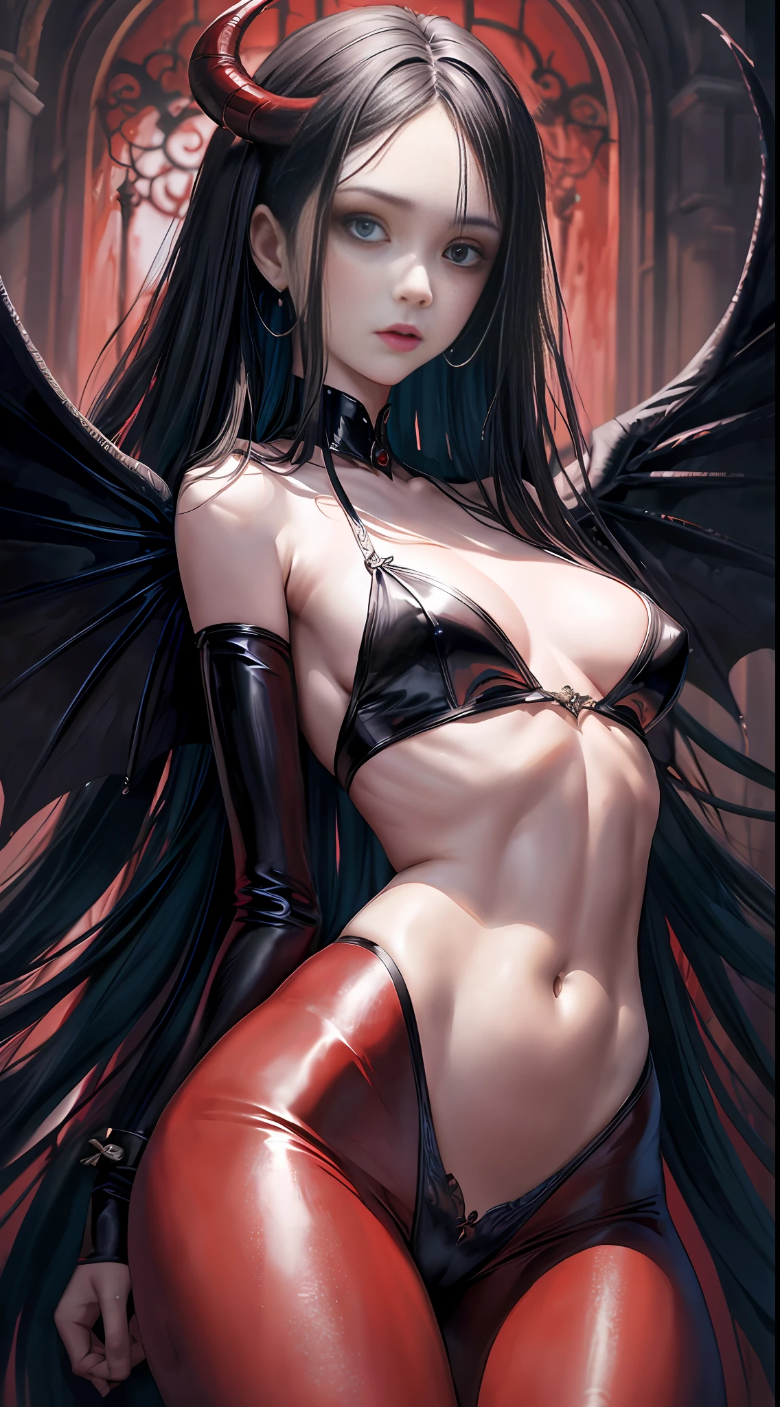 Master painting, 8K picture quality, master painting, 8K picture quality, small chest, demon wings, delicate eye portrayal, delicate facial features portrayal, delicate body portrayal, delicate makeup depiction, red leather coat, black long hair, slender body, open chest, long legs, ((exposed)) ((injured)) full of blood, looming, gorgeous jewelry, chest