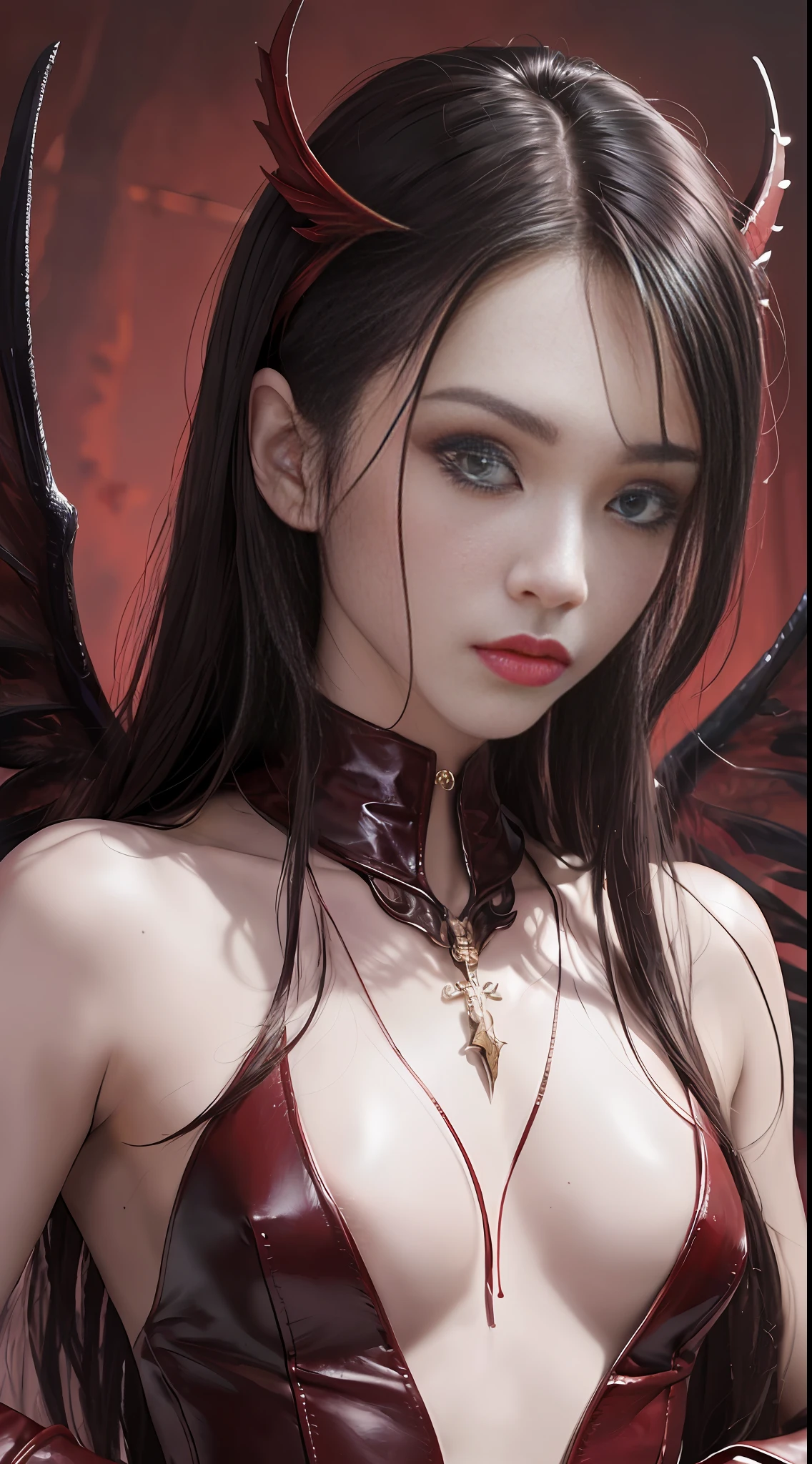 Master painting, 8K picture quality, master painting, 8K picture quality, small chest, demon wings, delicate eye portrayal, delicate facial features portrayal, delicate body portrayal, delicate makeup depiction, red leather coat, black long hair, slender body, open chest, long legs, ((exposed)) ((injured)) full of blood, looming, gorgeous jewelry, chest