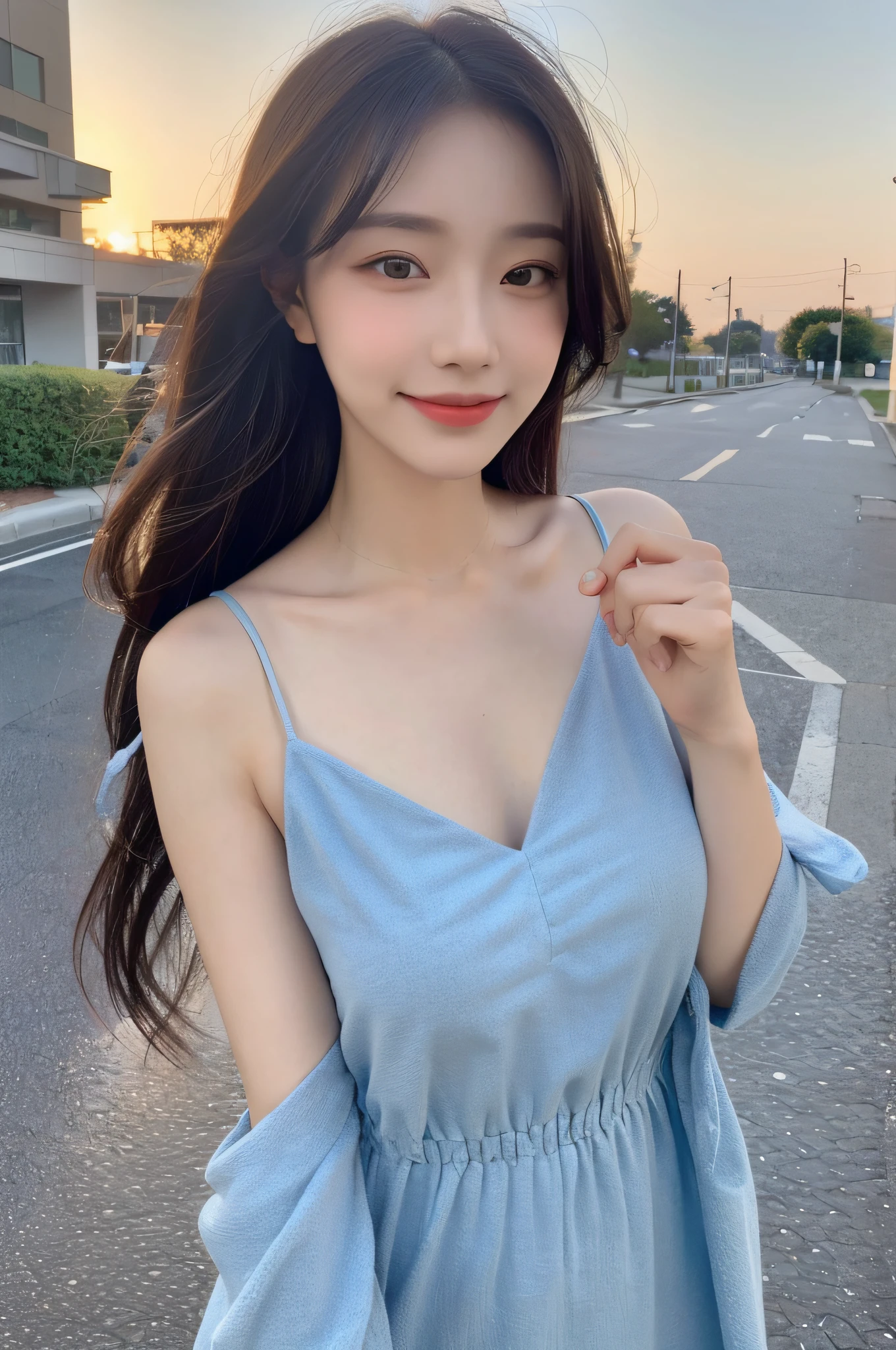 ((Best Quality, 8K, Masterpiece:1.3)), Focus: 1.2, Perfect Body Beauty: 1.4, Buttocks: 1.2, ((Hairstyle Random, Collarbone: 1.2)), (Short Skirt: 1.1) , (Rain, Street:1.3), Highly detailed face and skin texture, Fine eyes, Double eyelids, Whitened skin, Long hair, smile, Long legs: 1.5, Full body: 1.5, Best proportions of four fingers and one thumb, Smiley face, Face texture: 1.3, Sunshine, Summer, collarbone, beautiful eyes, real face, real skin, realistic face, realistic skin, detailed eyes, detailed facial features, detailed clothing features, detailed face, tight, tight fit, girly dress random, background sunset: 1.5, upper body without showing chest