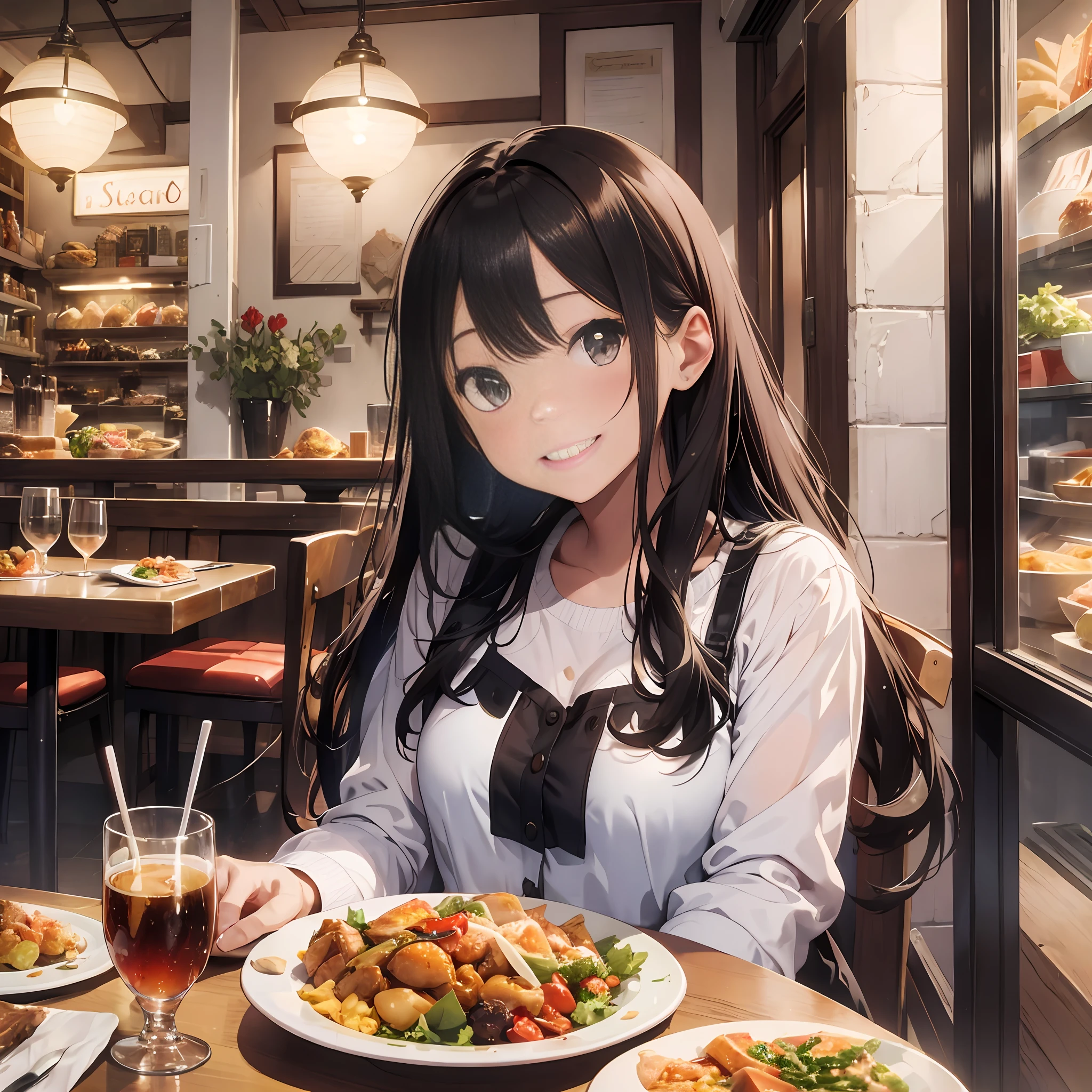 Depicts a beautiful girl full of smiles and a family happily enjoying Italian food in a fashionable restaurant