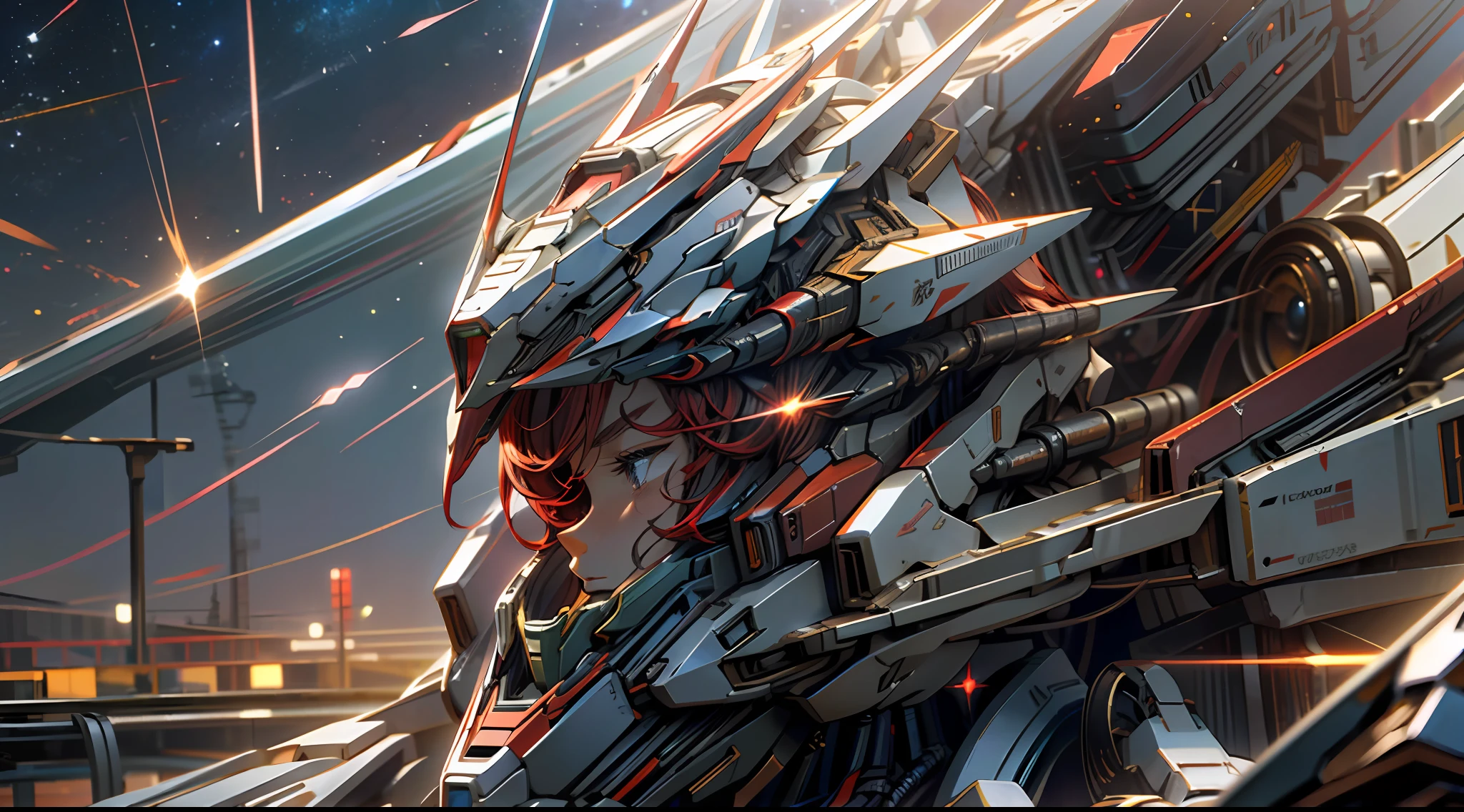 (Face close-up) (Gundam) (Gundam mech) (direct view camera) ((head close-up)) ((Maiden's face)) (Red hair) ((Dark starry sky in the background))(Starlight)(Point of Light)(Red Mech)(Red Warframe)(Maiden wears complex helmet),,Digital Art,Anime Mecha Aesthetics,Cyberpunk Anime Girl Mecha,Girl in Mecha Network Armor,Mecha Aesthetics,