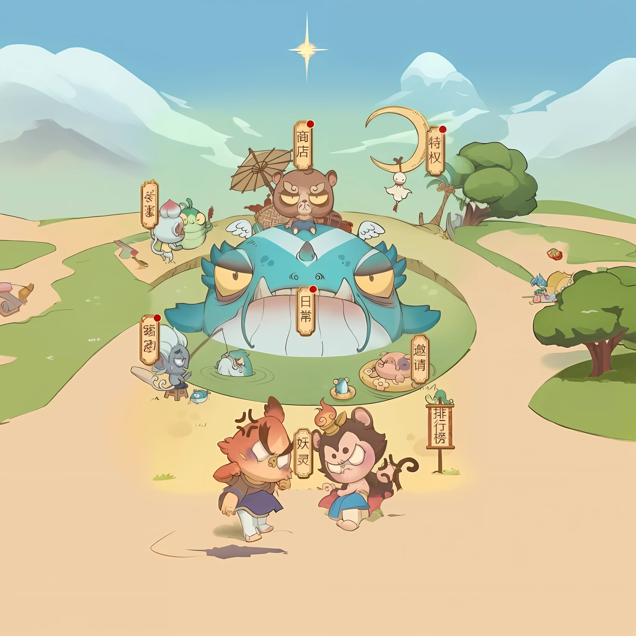 cartoon characters are playing a game with a large screen, mobile game art, mobile game, mobile game style, game screen, onmyoji, mobile game background, game illustration, game map, by Qu Leilei, game concept, onmyoji detailed art, game interface, fantasy game art style, chinese mythology, fighting monster with magic, game ui, 2 d game