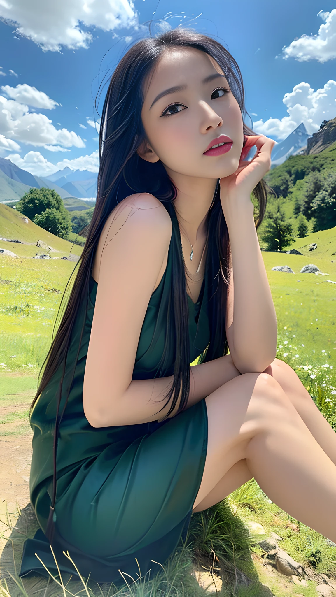 ((Best Quality, 8K, Masterpiece:1.3)), A beautiful girl, pure, melon face, gentle and cute, thin body, (frontal), (tilted head), looking directly into the camera, [detached sleeves::0], [collared shirt::0], [capri pants::0], black silky long straight hair, long hair flowing over the shoulders, round black big eyes, clear big eyes, watery red lips, sweet, sitting, hands on knees, blue sky and white clouds, Sun, grassland, mountain peaks, Tibetan steppe background