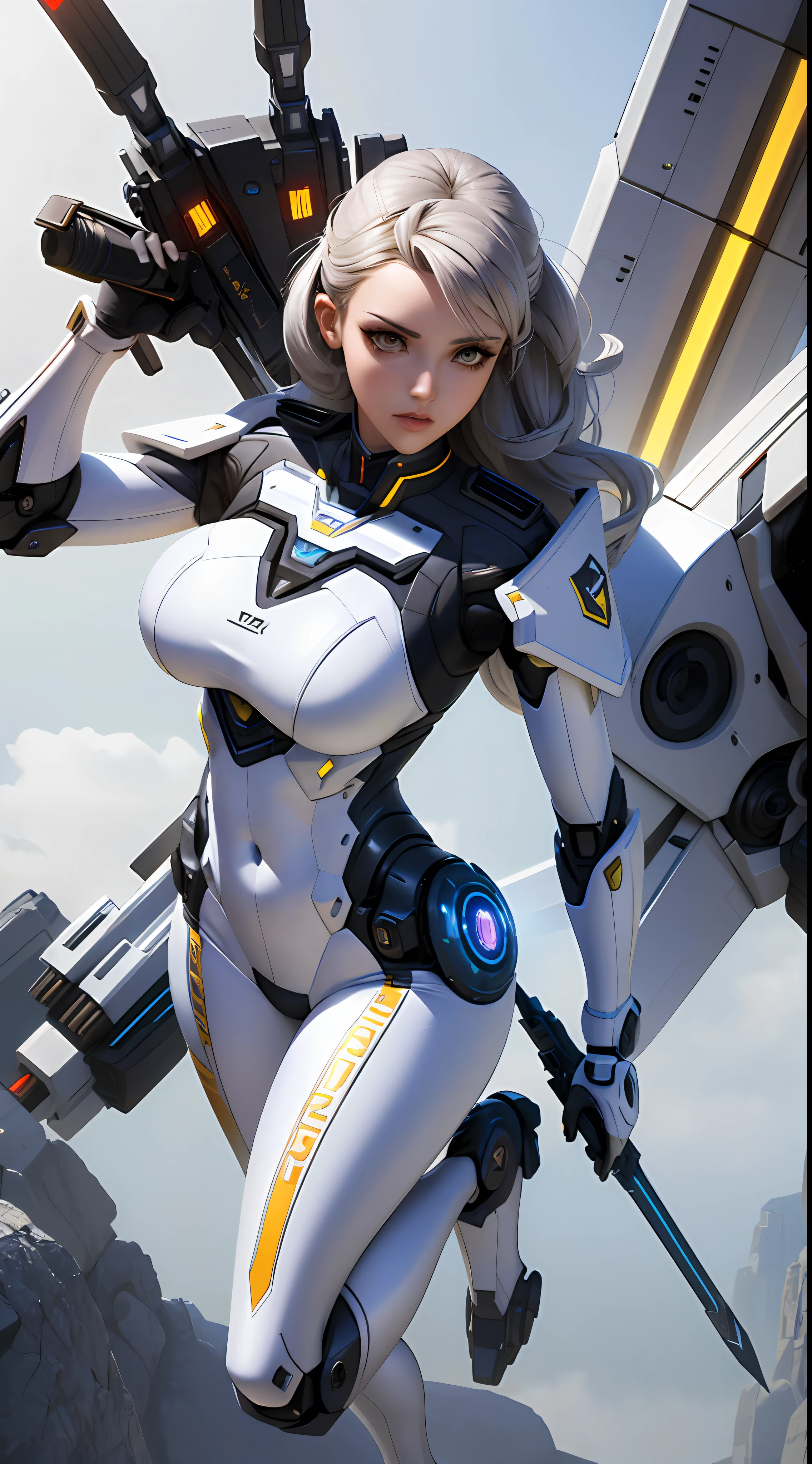 a woman in a futuristic suit with a sword,full-size photograph,Long legs, Slightly chubby,navel,Transparent skin,Perfect body shape,art feminine, Macro distance,mechanized valkyrie girl, ferra white mecha, girl in mecha cyber armor, female mecha, extremely detailed artgerm, echo from overwatch, gorgeous female paladin,Advanced Rendering,depth of field
