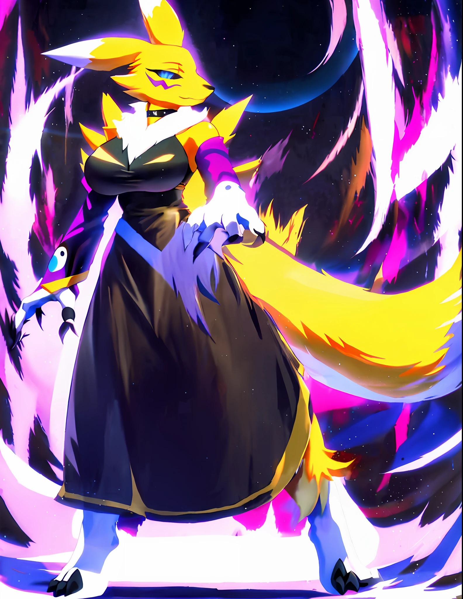 beautiful, masterpiece, simple background, best quality, detailled image, colorfull, vibrant colors, simple background, detailed face, perfect lighting, pefect shadows, perfect eyes, girl focus, perfect hair, blue eyes, pefect face, , big breasts, gorgeous body, hourglass body, shiny body, 1girl, solo, center focus,choker, Renamon, fox ears, naked, tattoo, fox tail, facial mark, fox girl, bridal gauntlets, claws, furry, colored sclera, furry female, black sclera, body fur, white fur, yin yang, animal nose, snout, two-tone fur, digimon (creature), yellow fur, purple sleeves, looking at viewer, half-closed eyes, aura, full body portrait, single tail, charging power, aura