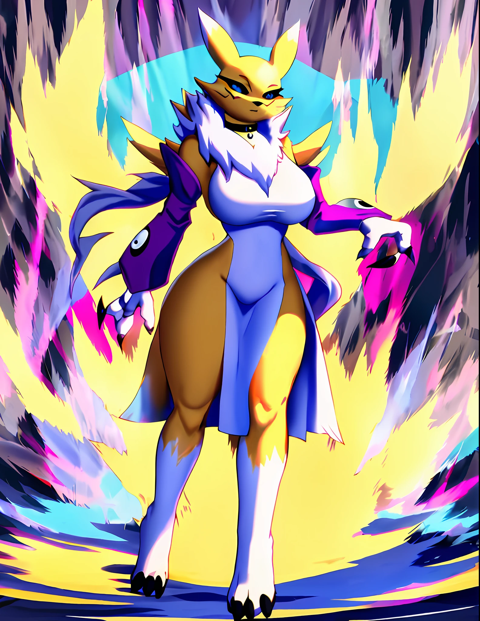 beautiful, masterpiece, simple background, best quality, detailled image, colorfull, vibrant colors, simple background, detailed face, perfect lighting, pefect shadows, perfect eyes, girl focus, perfect hair, blue eyes, pefect face, , big breasts, gorgeous body, hourglass body, shiny body, 1girl, solo, center focus,choker, Renamon, fox ears, naked, tattoo, fox tail, facial mark, fox girl, bridal gauntlets, claws, furry, colored sclera, furry female, black sclera, body fur, white fur, yin yang, animal nose, snout, two-tone fur, digimon (creature), yellow fur, purple sleeves, looking at viewer, half-closed eyes, aura, full body portrait, single tail, charging power, aura
