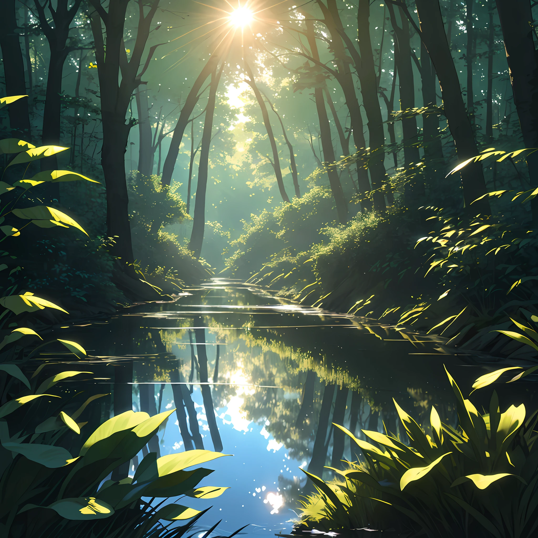 In the early morning in the forest, the sun has just risen, and the refraction of the sun is reflected in the stream, the trees