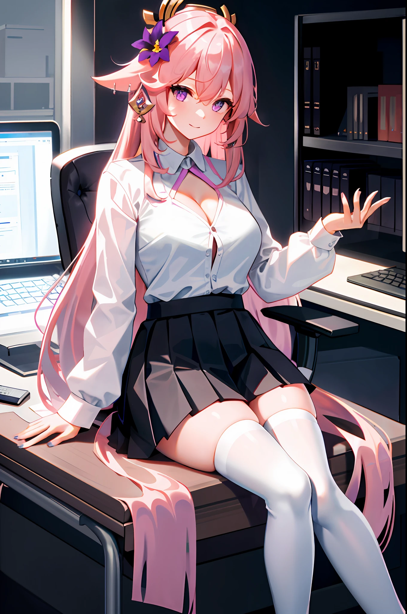 yae miko, 1girl, solo, ((white shirt)), black thighhighs, breasts, cleavage, uniform, office background, black skirt, pleated skirt, office, hair between eyes, hair flower, hair ornament, large breasts, long hair, looking at viewer, pink hair, pink nails, purple eyes, solo, thighhighs, thighs, very long hair, ((masterpiece)), sitting, chair, desk, computer on desk, name tag, id tag, indoor,