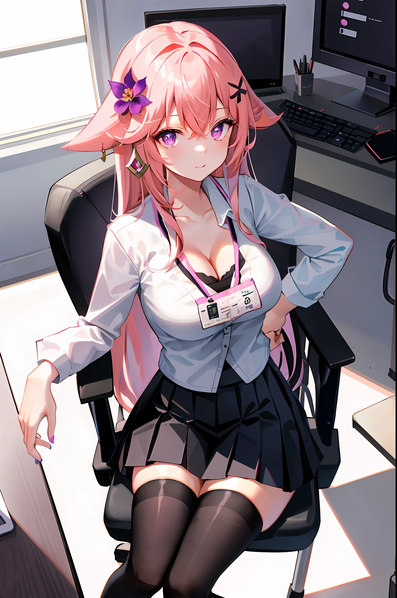 yae miko, 1girl, solo, ((white shirt)), black thighhighs, breasts, cleavage, uniform, office background, black skirt, pleated skirt, office, hair between eyes, hair flower, hair ornament, large breasts, long hair, looking at viewer, pink hair, pink nails, purple eyes, solo, thighhighs, thighs, very long hair, ((masterpiece)), sitting, chair, desk, computer on desk, name tag, id tag, indoor,