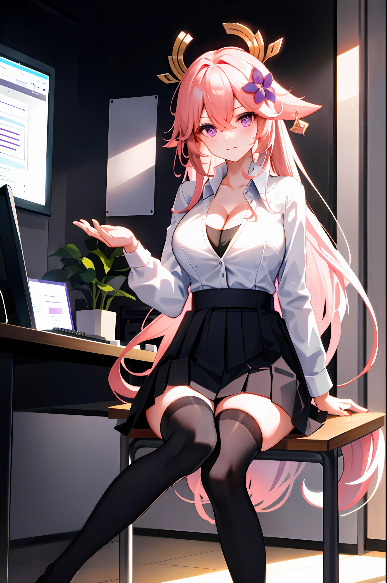 yae miko, 1girl, solo, ((white shirt)), black thighhighs, breasts, cleavage, uniform, office background, black skirt, pleated skirt, office, hair between eyes, hair flower, hair ornament, large breasts, long hair, looking at viewer, pink hair, pink nails, purple eyes, solo, thighhighs, thighs, very long hair, ((masterpiece)), sitting, chair, desk, computer on desk, name tag, id tag, indoor,
