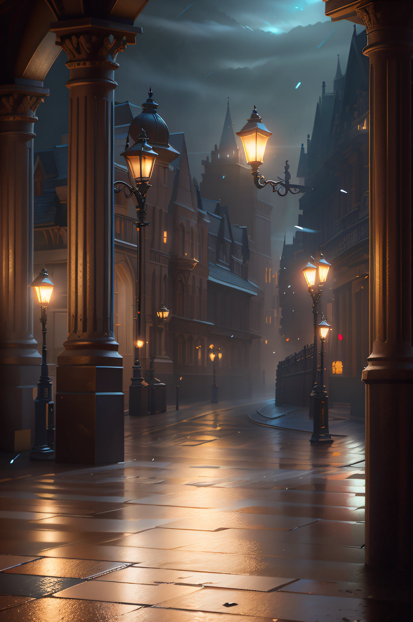 there is a street light that is on in the middle of a walkway, atmospheric render, victorian city, fantasy atmospheric lighting, city street cinematic lighting, beautiful and cinematic lighting, unreal engine 4k wallpaper, fantasy style 8 k octane render, cinematic atmospheric lighting, unreal engine 5 lighting, volumetric lighting and fog, dramatic lighting. concept art, unreal engine render concept art