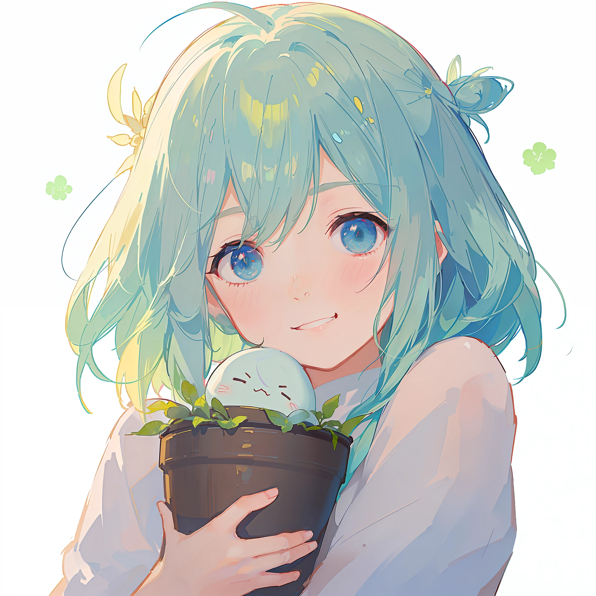 Green hair anime girl, with bird and potted plant, Mikudayo, teal hair anime girl, cute anime girl, cute girl anime visual, Shirabii, anime moe art style, cute anime, [[[grinning evil]]]], Rimuru, portrait of cute anime girl, cute pretty girl, full body, t-shirt, photorealistic, Top quality, 4k, --auto --s2
