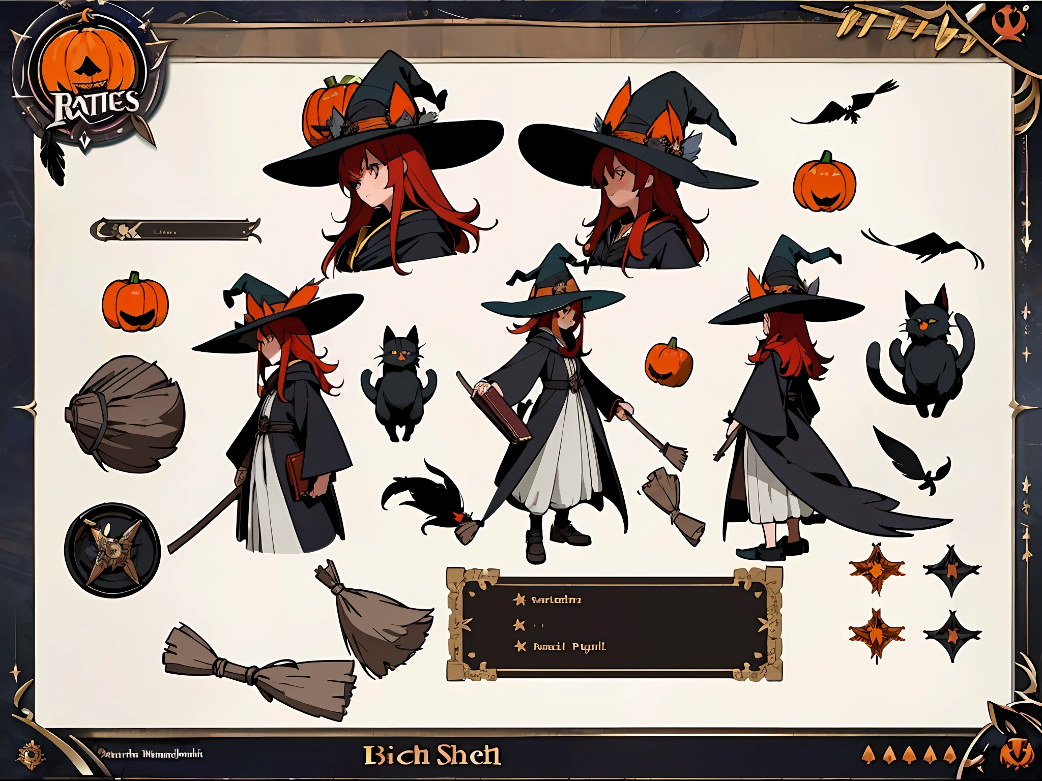(Masterpiece, best quality) detailed, character sheet, character sheet, many items (same person witch hat, broom, pumpkin, black cat, magic book, robes, black feathers, decorations, many parts), witch, red hair, magic, full of details, many parts