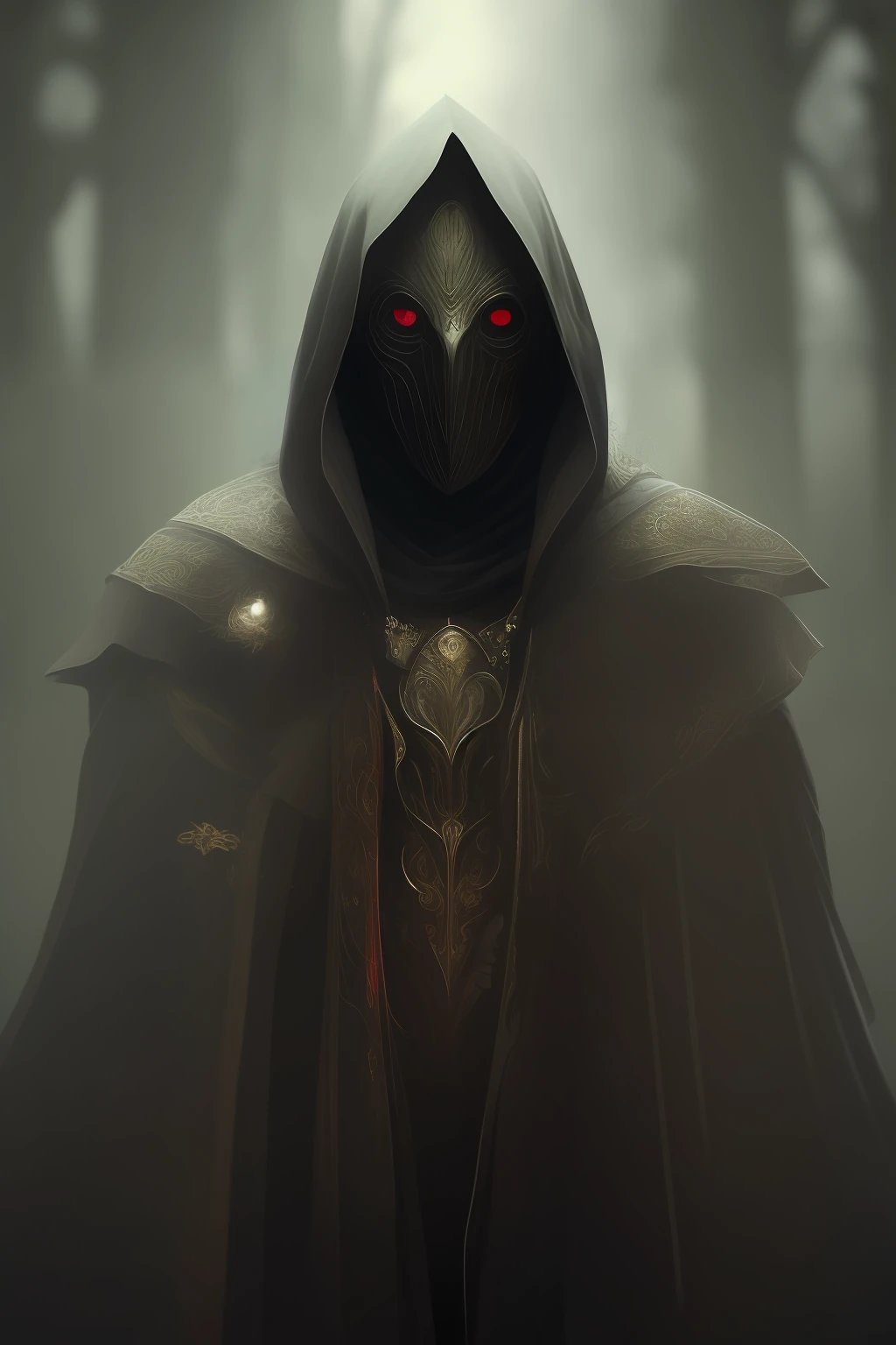 A man in a black hood, his face is not visible, red glowing eyes, in the Middle Ages, in a black overcoat