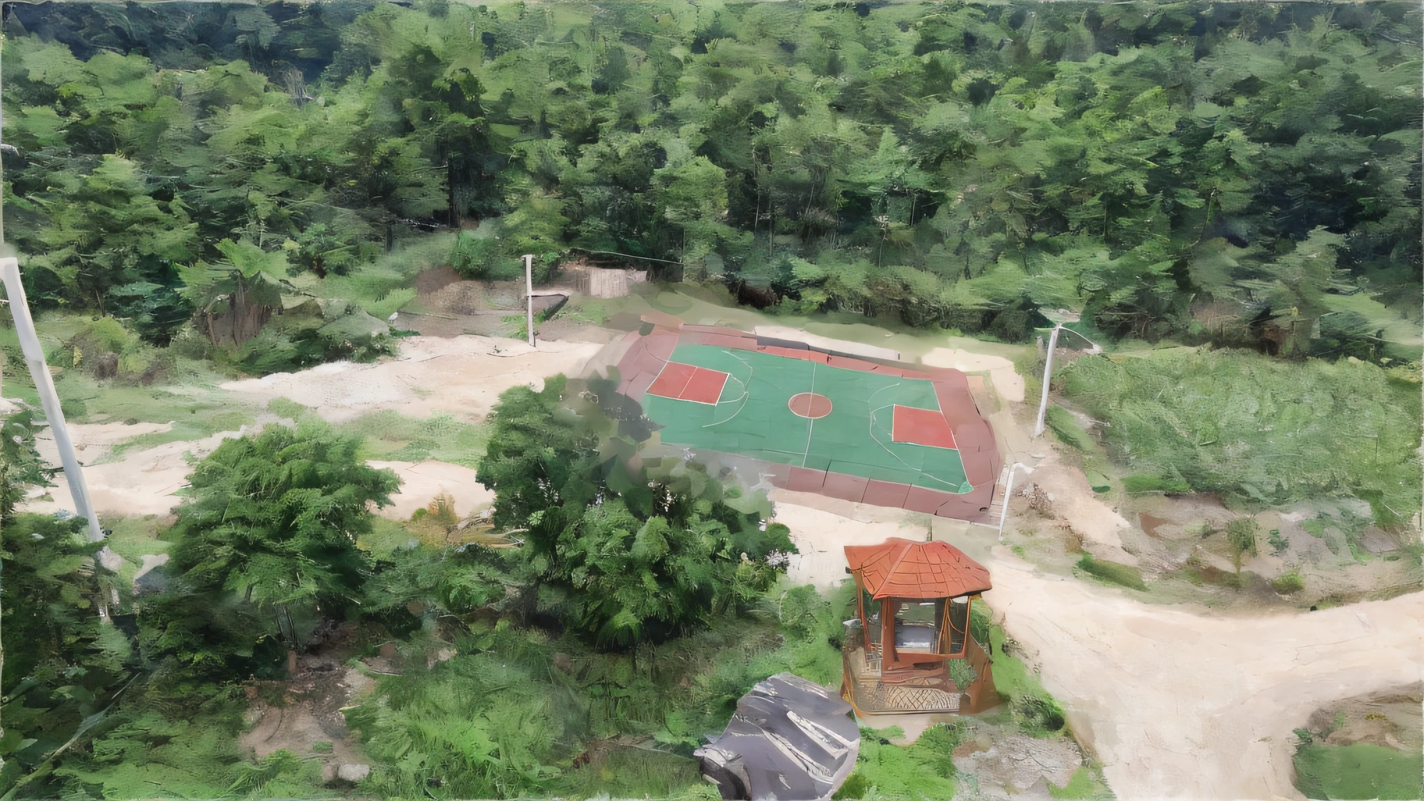 aerial view of a basketball court and a basketball court in a wooded area, basketball court, top - view, 8 k. filling of the view, air shot, an aerial tennis court, nanquan, with a park in the back ground, shot from 5 0 feet distance, softair arena landscape, photo from above, high view, view from above