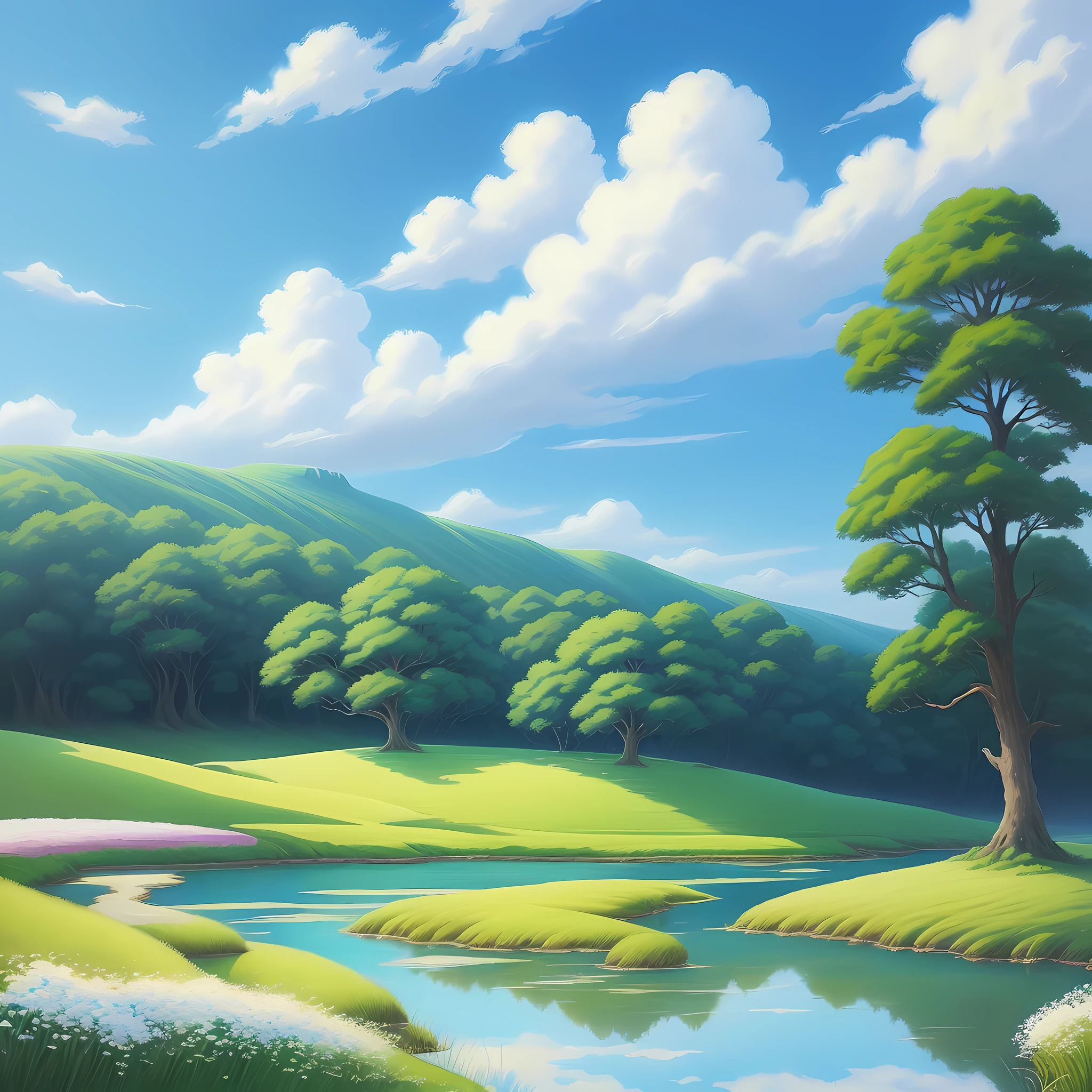 Realistic, authentic, beautiful and amazing landscape oil painting Studio Ghibli Hayao Miyazaki&#39;s petal grassland with blue sky and white clouds
