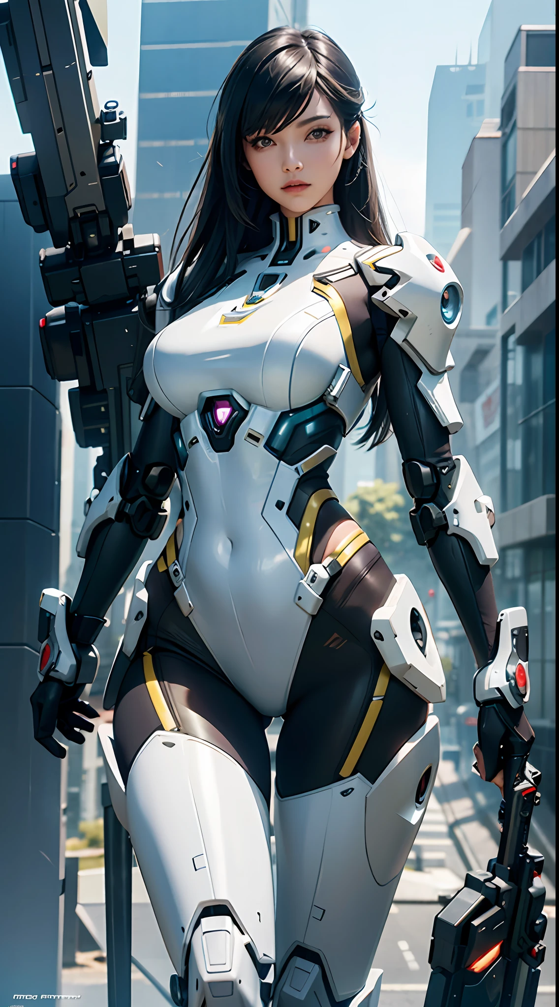 A woman in a futuristic cyberpunk mech holding a sword, full-size photo, long legs, slightly fat, belly button, transparent skin, perfect body shape, artistic femininity, macro distance, mechanized Valkyrie girl, Fira white mech, mecha network armored girl, female mech, extremely detailed Artgerm, Overwatch echo, gorgeous female paladin, advanced rendering, depth of field