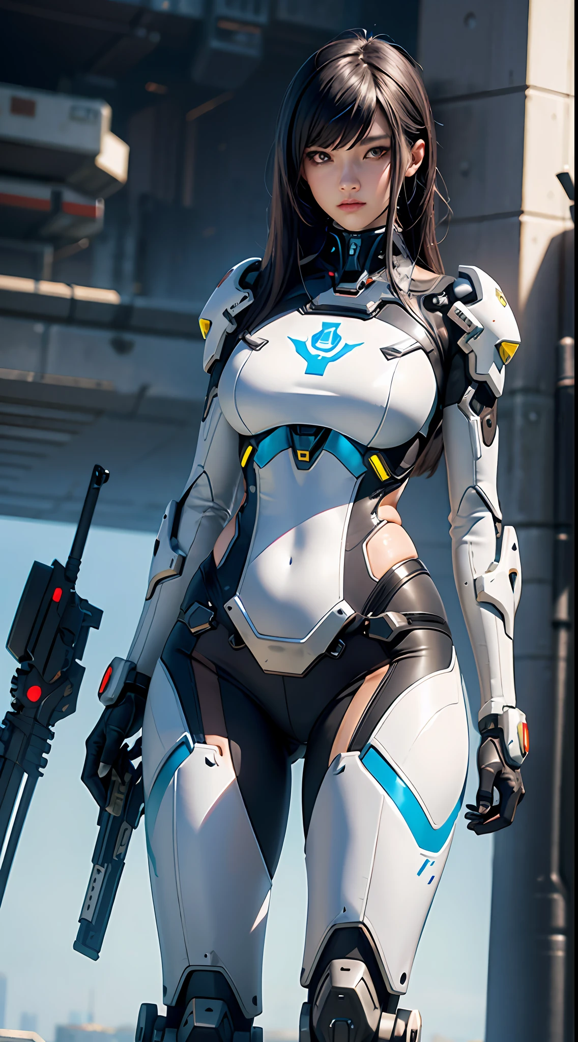 A woman in a futuristic cyberpunk mech holding a sword, full-size photo, long legs, slightly fat, belly button, transparent skin, perfect body shape, artistic femininity, macro distance, mechanized Valkyrie girl, Fira white mech, mecha network armored girl, female mech, extremely detailed Artgerm, Overwatch echo, gorgeous female paladin, advanced rendering, depth of field
