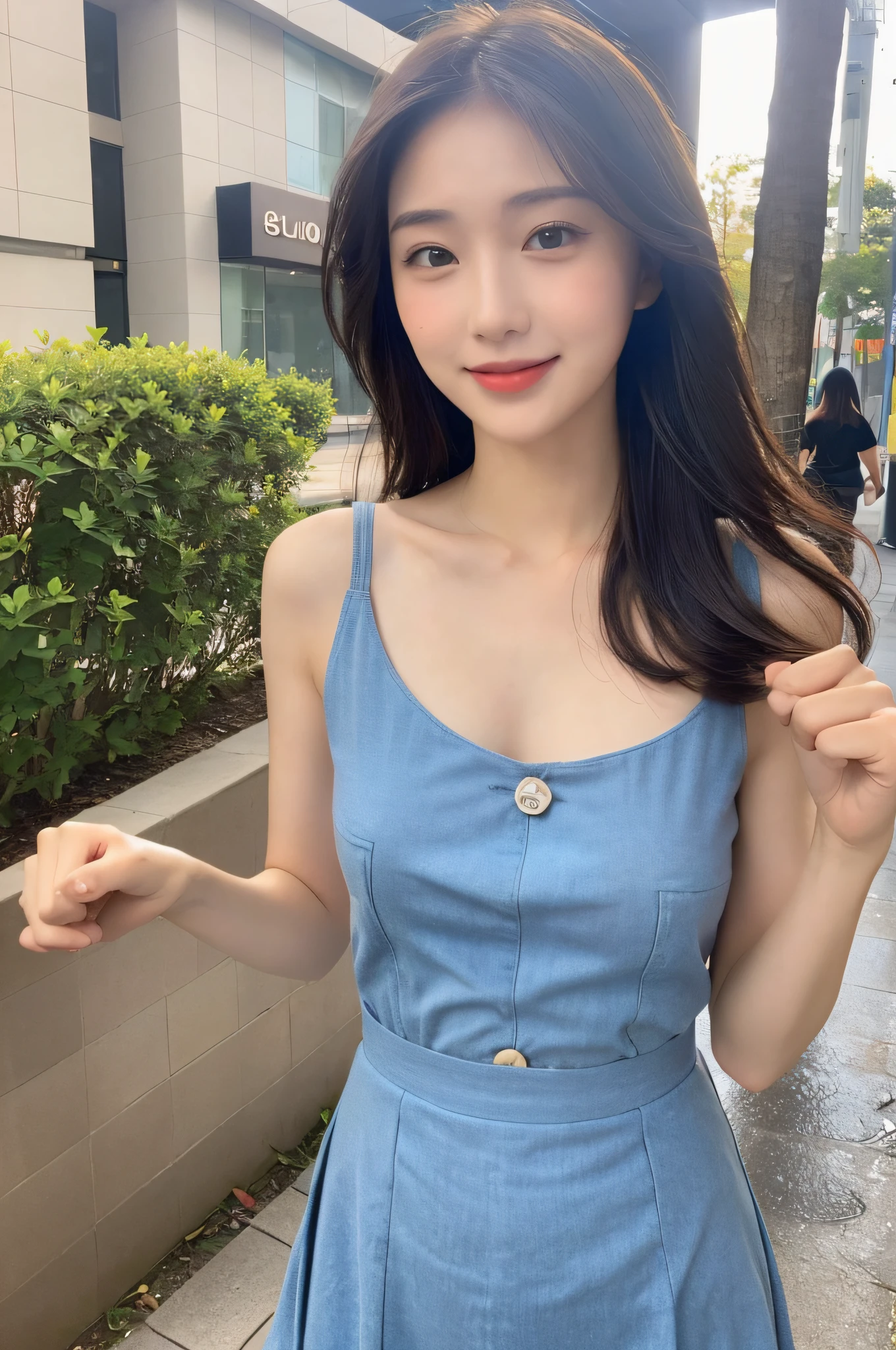 ((Best Quality, 8K, Masterpiece:1.3)), Focus: 1.2, Perfect Body Beauty: 1.4, Buttocks: 1.2, ((Hairstyle Random, Collarbone: 1.2)), (Short Skirt: 1.1) , (Rain, Street:1.3), Highly detailed face and skin texture, Fine eyes, Double eyelids, Whitened skin, Long hair, smile, Long legs: 1.5, Full body: 1.5, Best proportions of four fingers and one thumb, Smiley face, Face texture: 1.3, Sunshine, Summer, collarbone, beautiful eyes, real face, real skin, realistic face, realistic skin, detailed eyes, detailed facial features, detailed clothing features, detailed face, tight, tight fit, girly dress random, background office: 1.5, upper body without showing chest