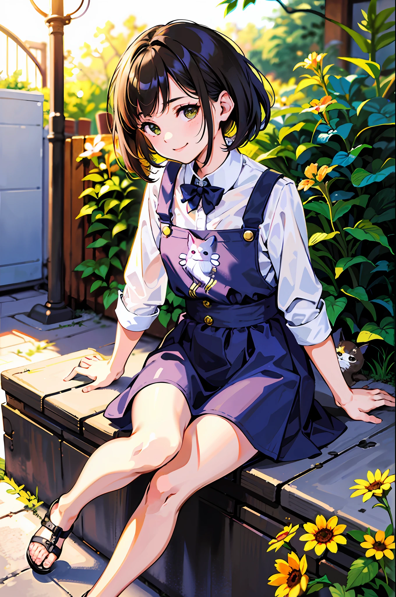 Top quality, high resolution, clear images, (many (detailed) little cats) and one woman: 1.3), focus on the cat, small (detailed) cat around the girl, back alley background, detailed sunlight, sitting, girl-like viewer, frontal view, (cat's eye viewer: 1.2), (happy: 1.3), standing (kitten),