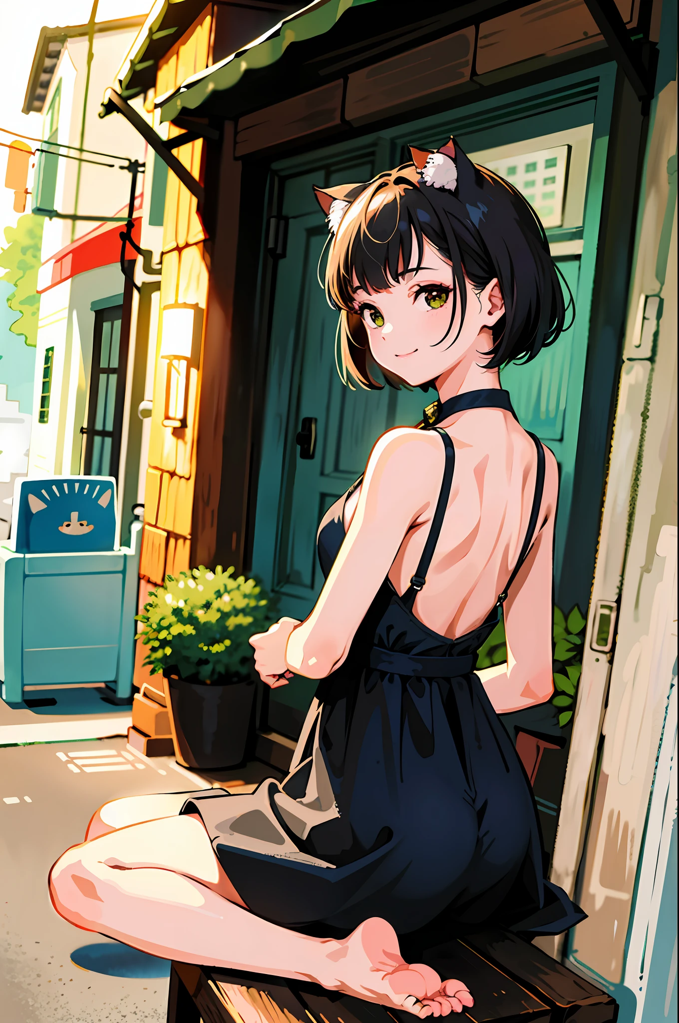 Top quality, high resolution, clear images, (many (detailed) little cats) and one woman: 1.3), focus on the cat, small (detailed) cat around the girl, back alley background, detailed sunlight, sitting, girl-like viewer, frontal view, (cat's eye viewer: 1.2), (happy: 1.3), standing (kitten),