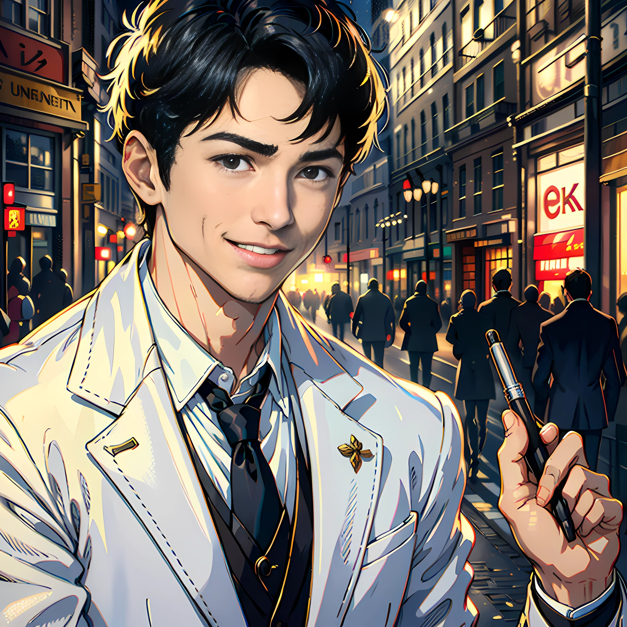 On the street, a handsome boy with a pen in his hand, smiling, white sports coat, short black hair, super high detail, high realism, 4K, chiaroscuro, super detail