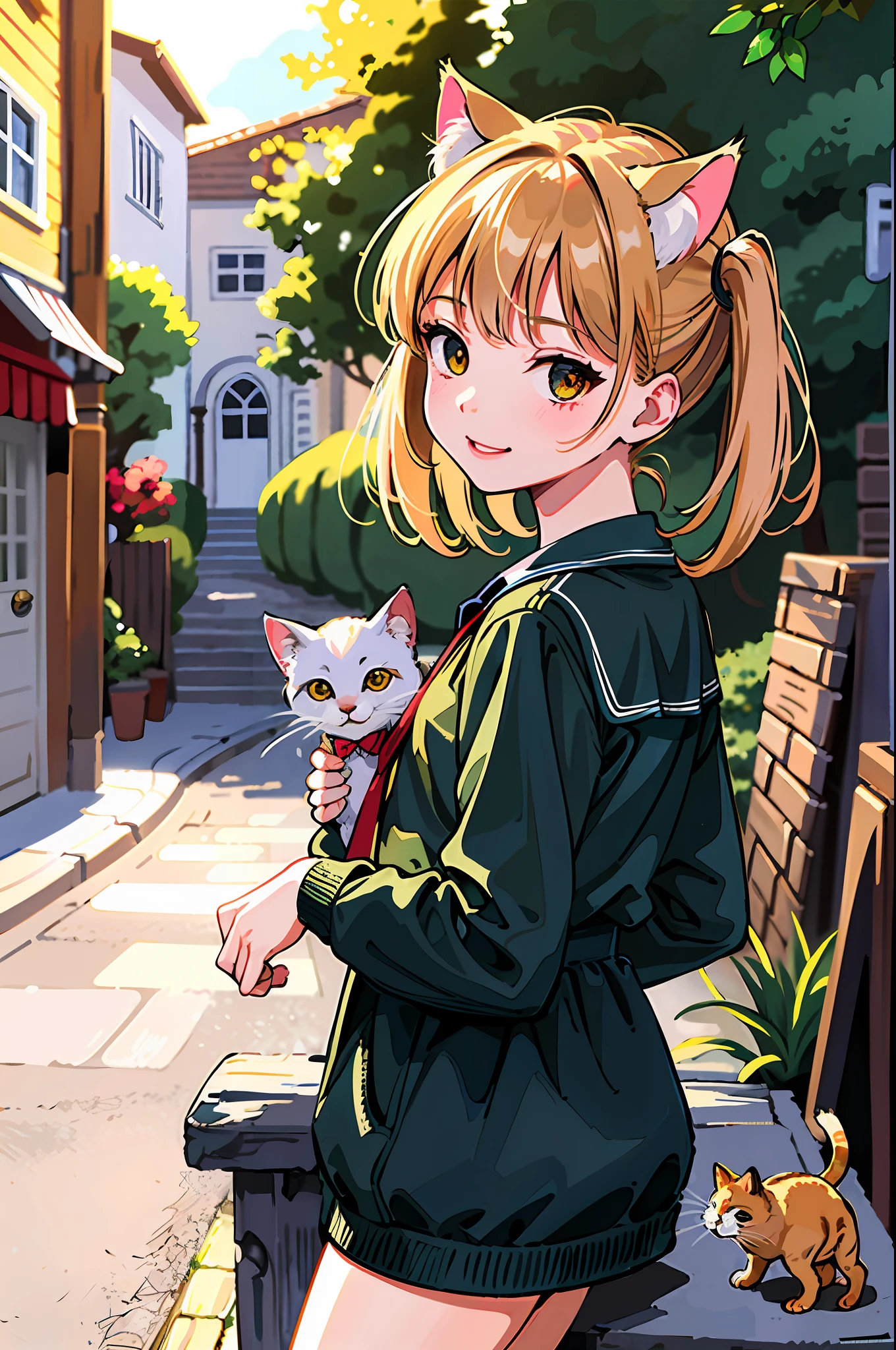 Top quality, high resolution, clear images, (many (detailed) little cats) and one woman: 1.3), focus on the cat, small (detailed) cat around the girl, back alley background, detailed sunlight, sitting, girl-like viewer, frontal view, (cat's eye viewer: 1.2), (happy: 1.3), standing (kitten),