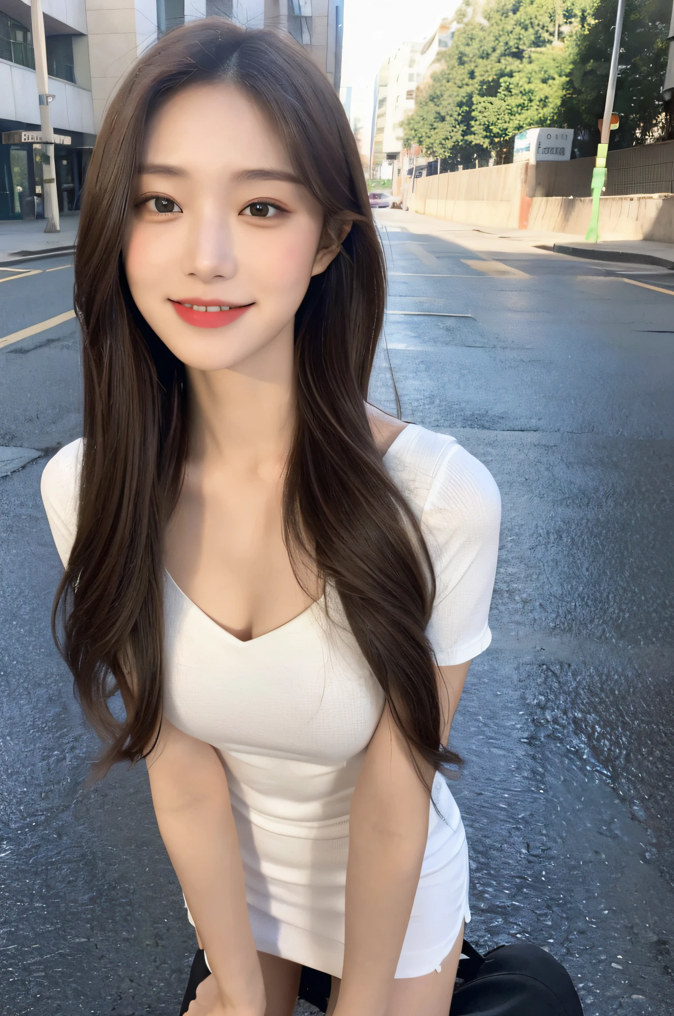 ((Best Quality, 8K, Masterpiece:1.3)), Focus: 1.2, Perfect Body Beauty: 1.4, Buttocks: 1.2, ((Hairstyle Random, Collarbone: 1.2)), (Short Skirt: 1.1) , (Rain, Street:1.3), Highly detailed face and skin texture, Fine eyes, Double eyelids, Whitened skin, Long hair, smile, Long legs: 1.5, Full body: 1.5, Best proportions of four fingers and one thumb, Smiley face, Face texture: 1.3, Sunshine, Summer, collarbone, beautiful eyes, real face, real skin, realistic face, realistic skin, detailed eyes, detailed facial features, detailed clothing features, detailed face, tight fit, tight fit, girl dress random, background office: 1.5, upper body shirt