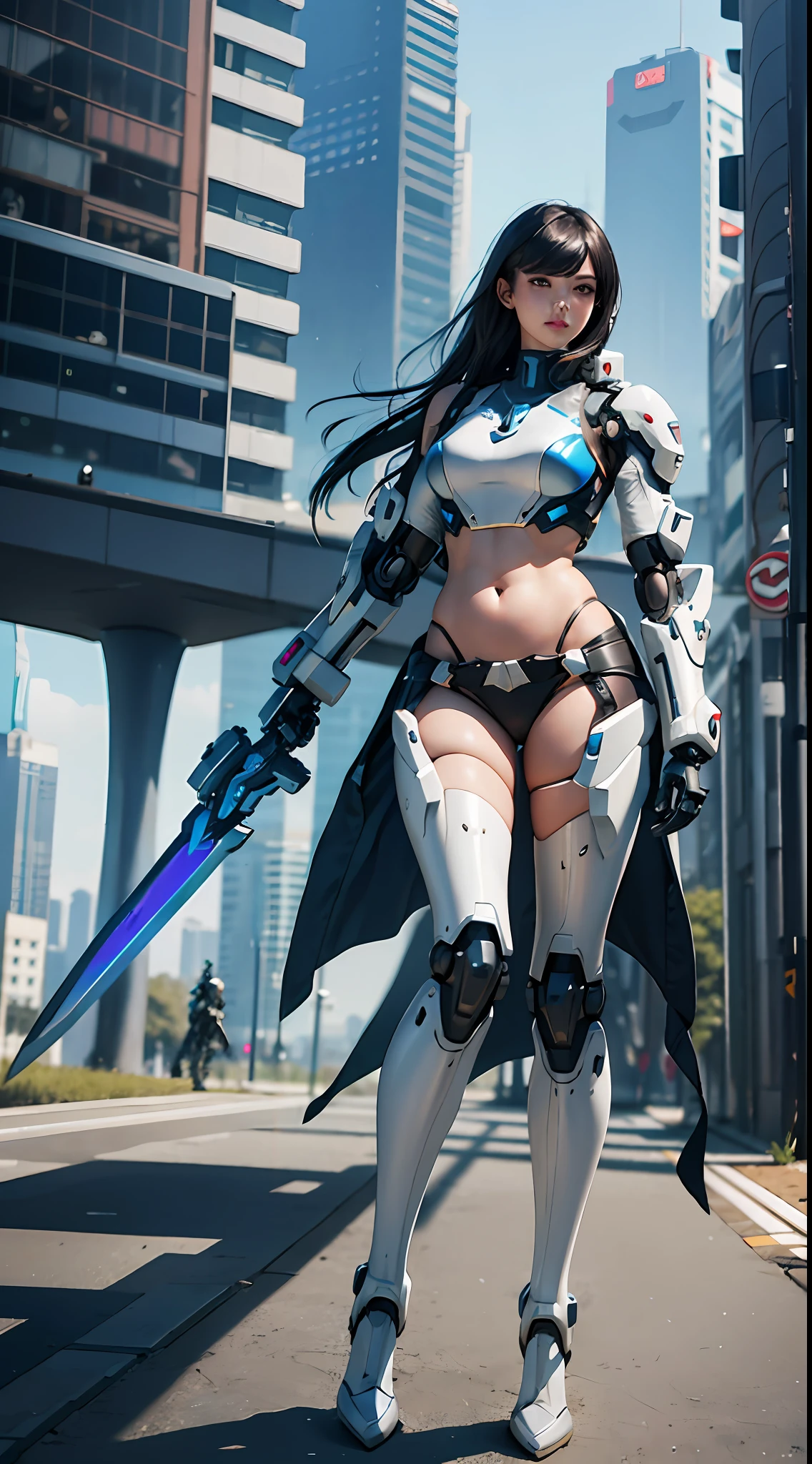 A woman in a futuristic cyberpunk mech holding a sword, full-size photo, long legs, slightly fat, belly button, transparent skin, perfect body shape, artistic femininity, macro distance, mechanized Valkyrie girl, Fira white mech, mecha network armored girl, female mech, extremely detailed Artgerm, Overwatch echo, gorgeous female paladin, advanced rendering, depth of field