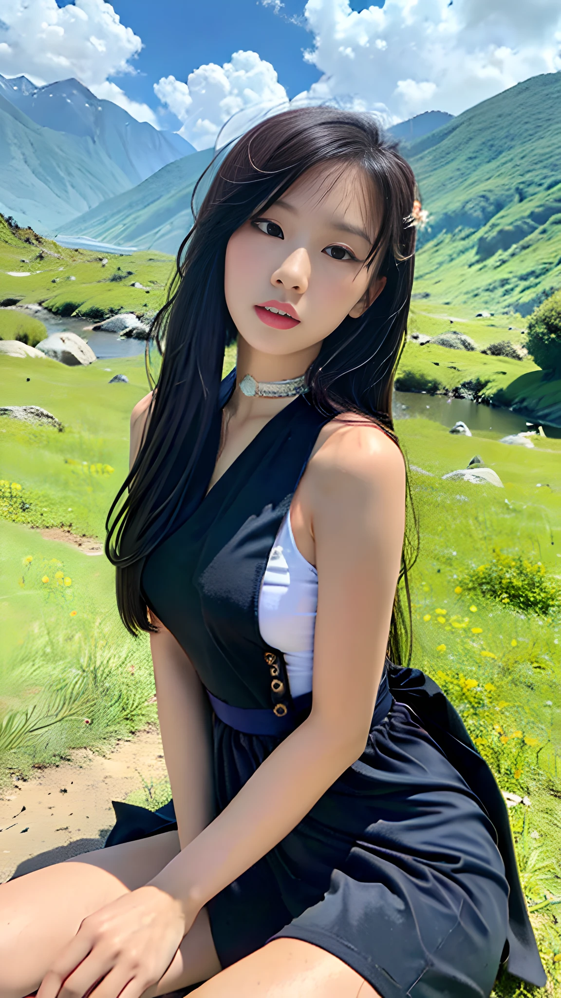 ((Best Quality, 8K, Masterpiece:1.3)), A beautiful girl, pure, melon face, gentle and cute, thin body, (frontal), (tilted head), looking directly into the camera, [detached sleeves::0], [collared shirt::0], [capri pants::0], black silky long straight hair, long hair flowing over the shoulders, round black big eyes, clear big eyes, watery red lips, sweet, sitting, hands on knees, blue sky and white clouds, Sun, grassland, mountain peaks, Tibetan steppe background