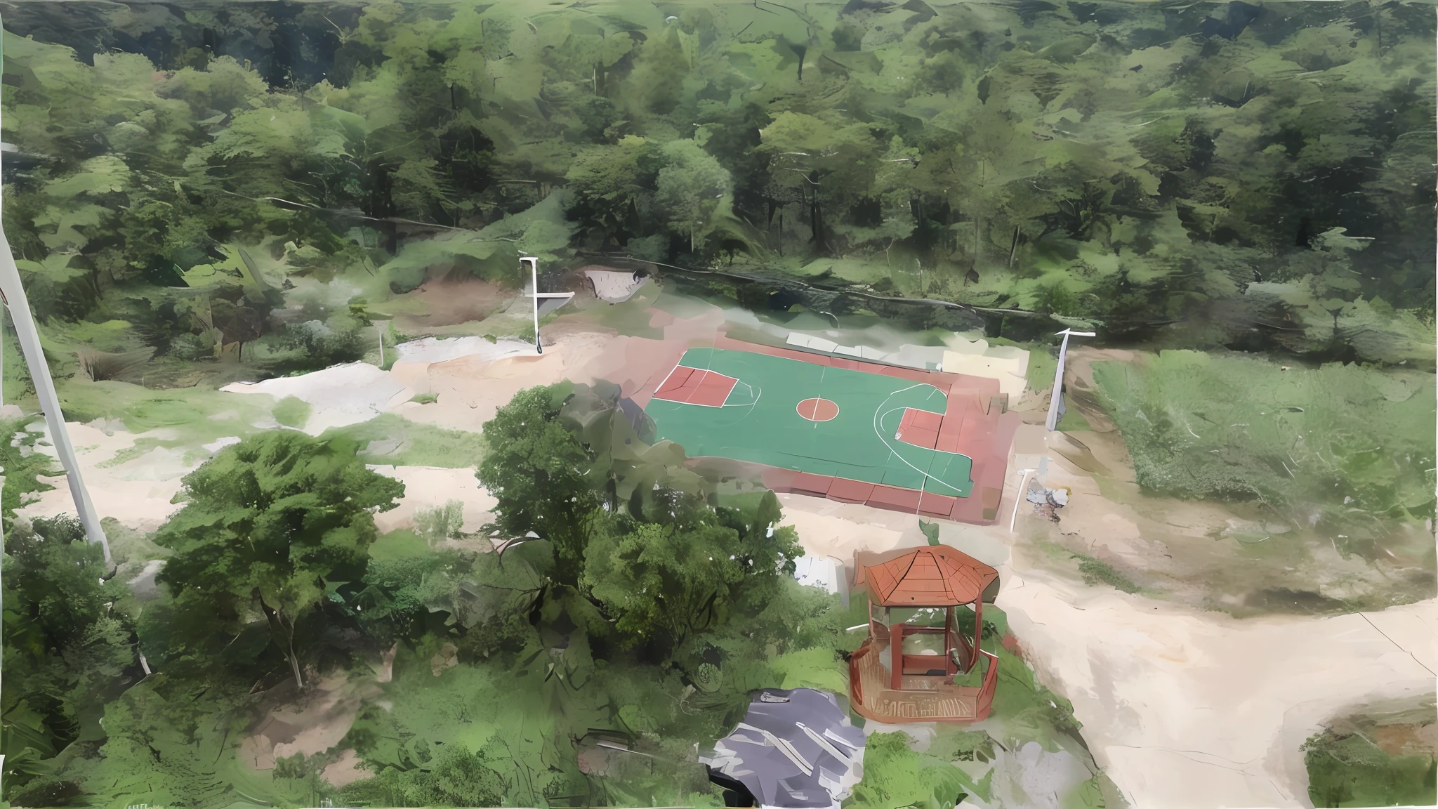 aerial view of a basketball court and a basketball court in a wooded area, basketball court, top - view, 8 k. filling of the view, air shot, an aerial tennis court, nanquan, with a park in the back ground, shot from 5 0 feet distance, softair arena landscape, photo from above, high view, view from above