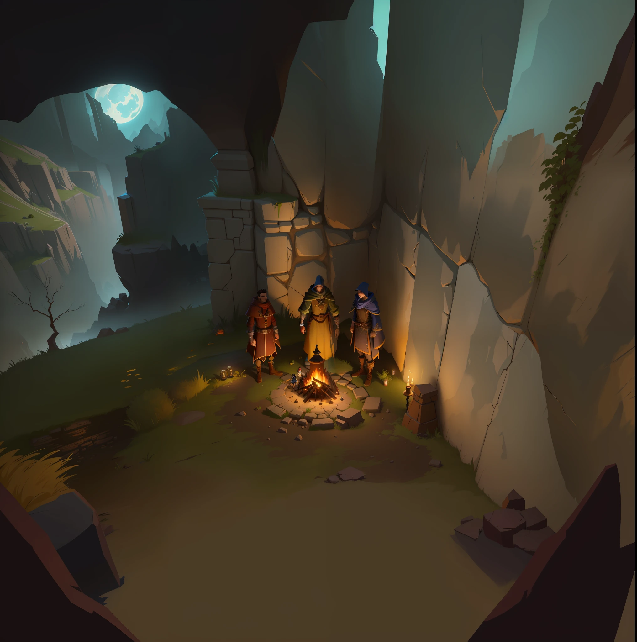there are three people standing around a campfire in a cave, stylized concept art, painted as a game concept art, painted in the style arcane, arcane concept art, explorers of the ruins at dusk, stylized game art, inspired by Johannes Helgeson, finished concept art, concept artstyle, polycount contest winner, candlelit catacombs
